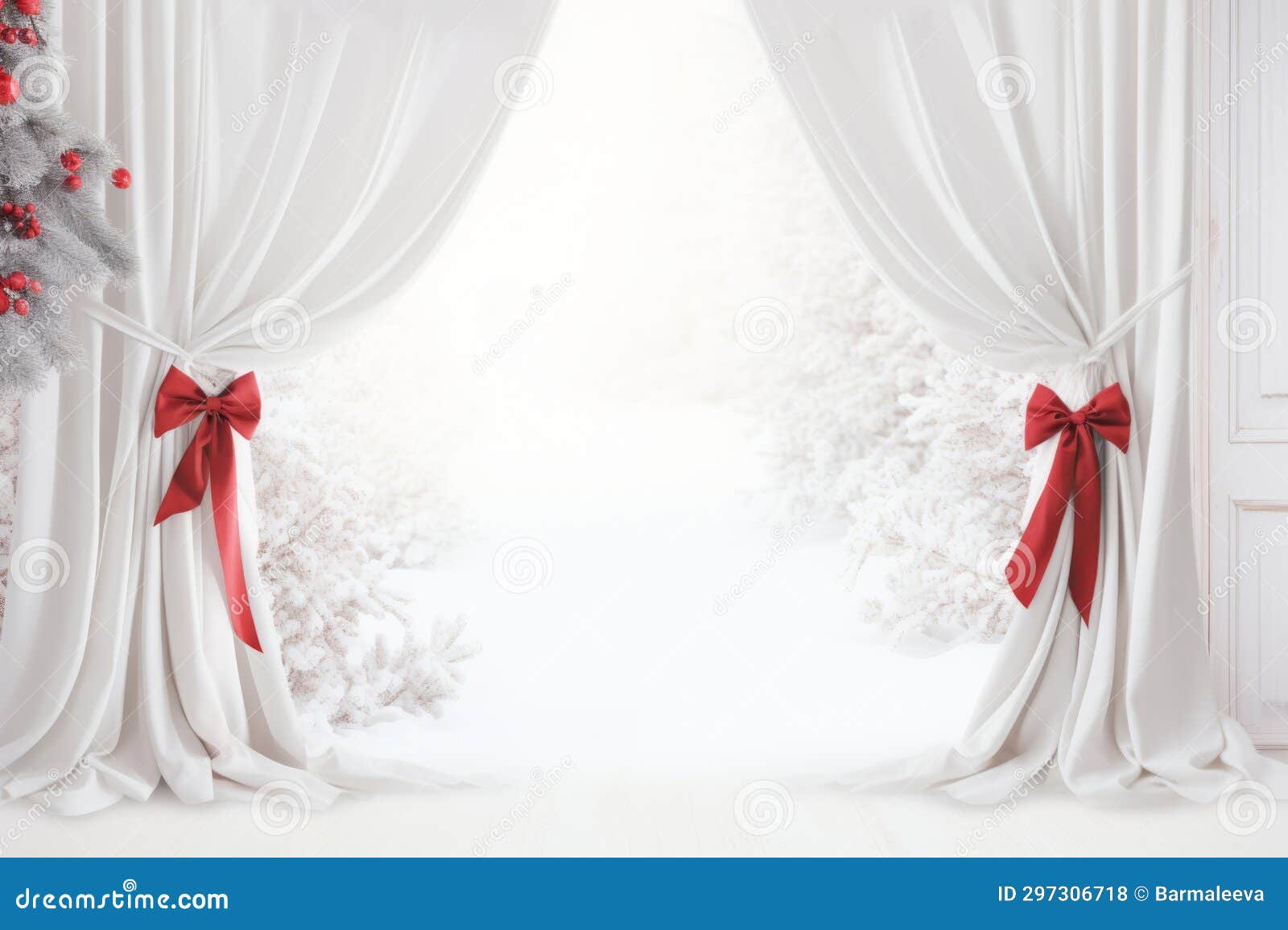 soft white curtains with red ribbon tiebacks. generative ai