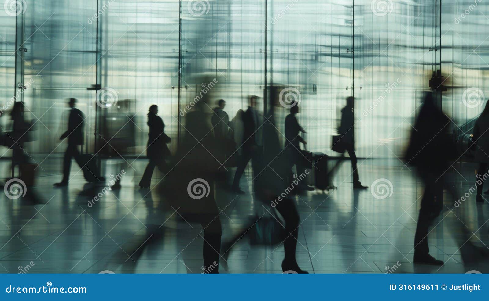 softly blurred silhouettes of travelers and workers moving through the terminal creating an atmosphere of anonymity and