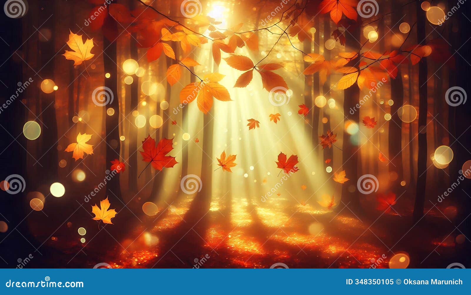 softly glowing autumn leaves floating in serene twilight forest, evoking warmth and wonder