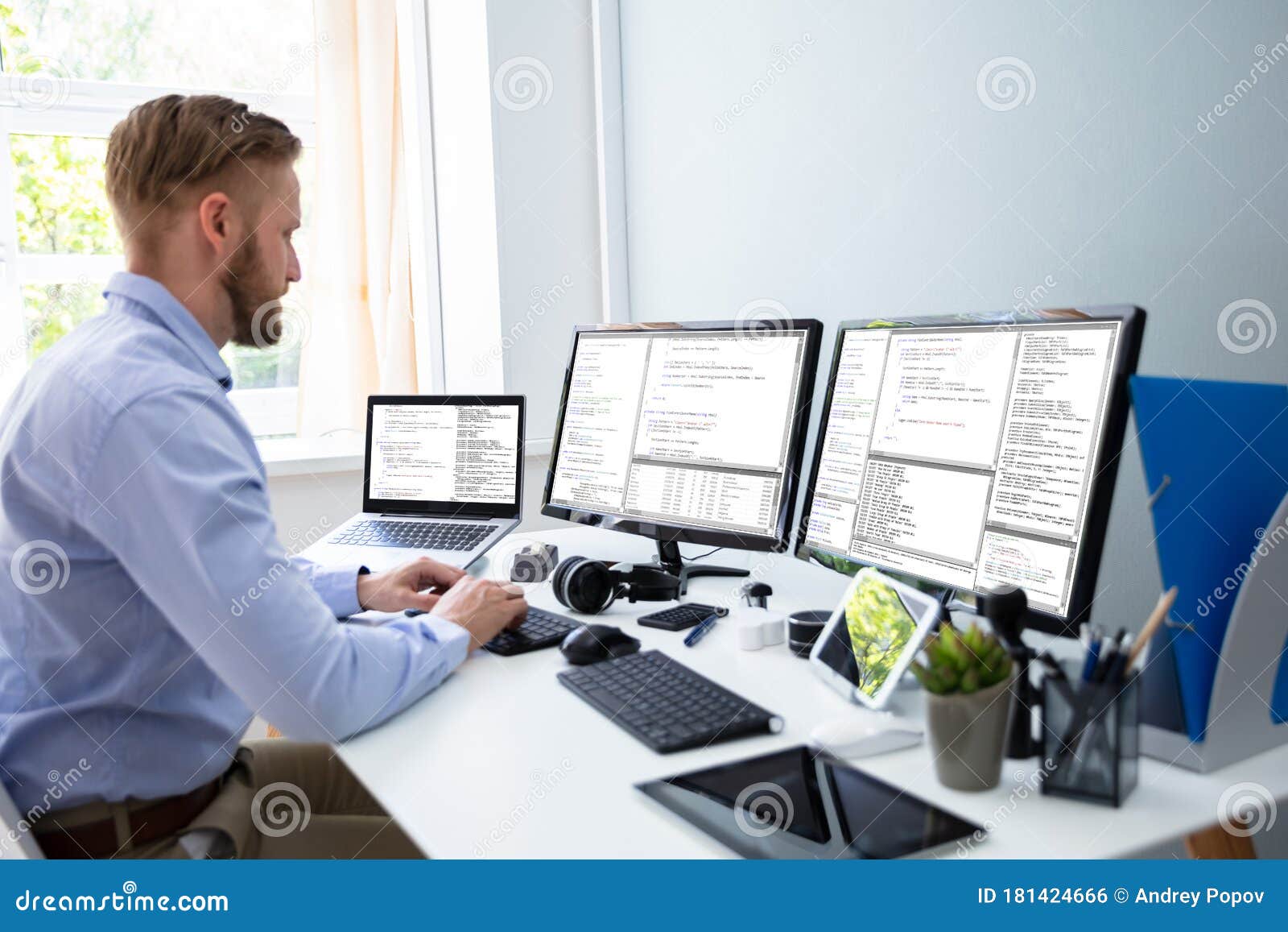 Software Developer Working in Office Stock Photo Image of chair, back