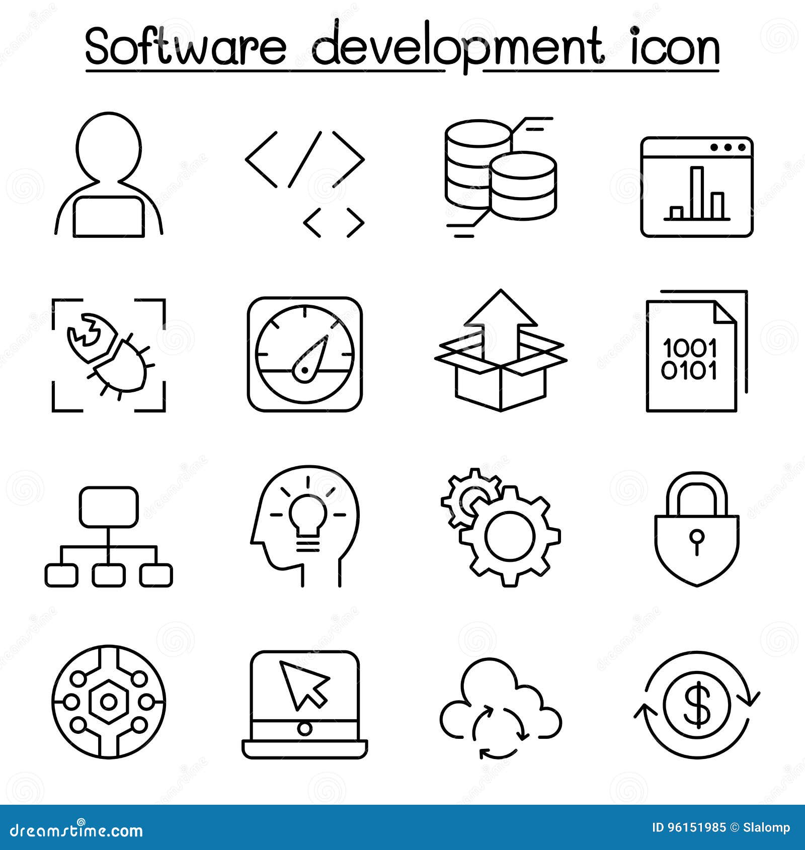 software development icon set in thin line style