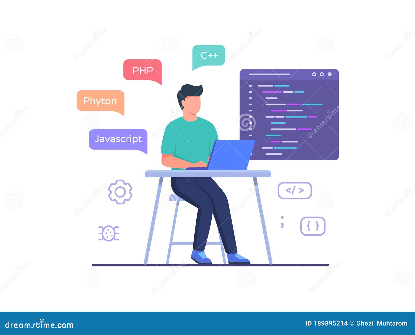 Software Engineer Sit in Chair Working on Laptop Use Programming Language  Code with Flat Cartoon Style. Stock Vector - Illustration of flat, object:  189895214