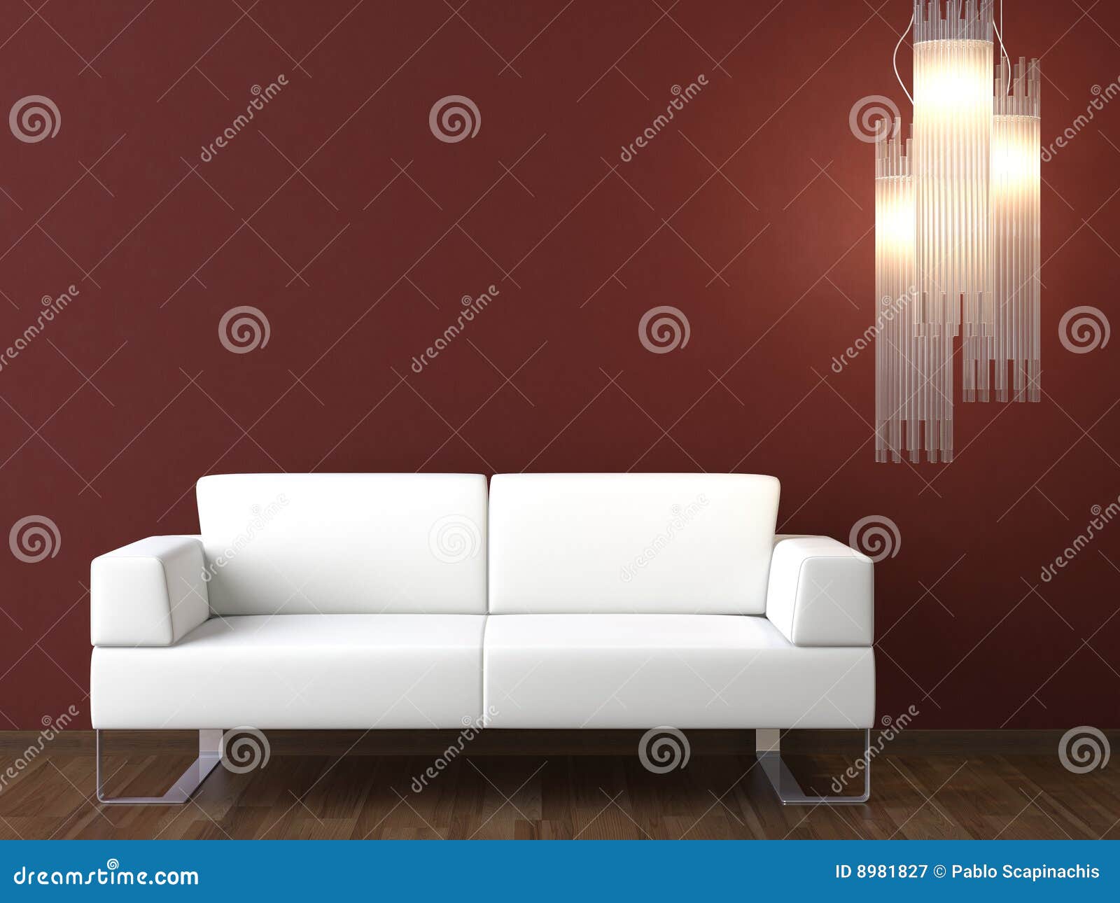 Sofá blanco del diseño interior en la pared de Burdeos. Diseño interior de sofá y de lámpara blancos modernos en la pared de Burdeos