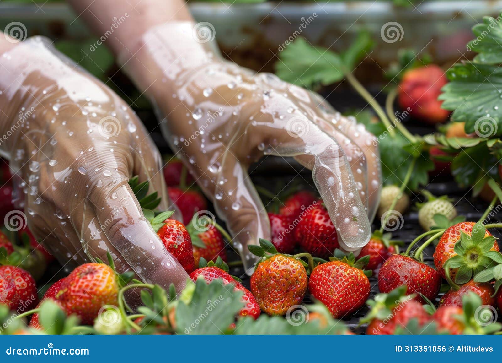 soggy strawberries being picked by hands clad in clear rain gloves