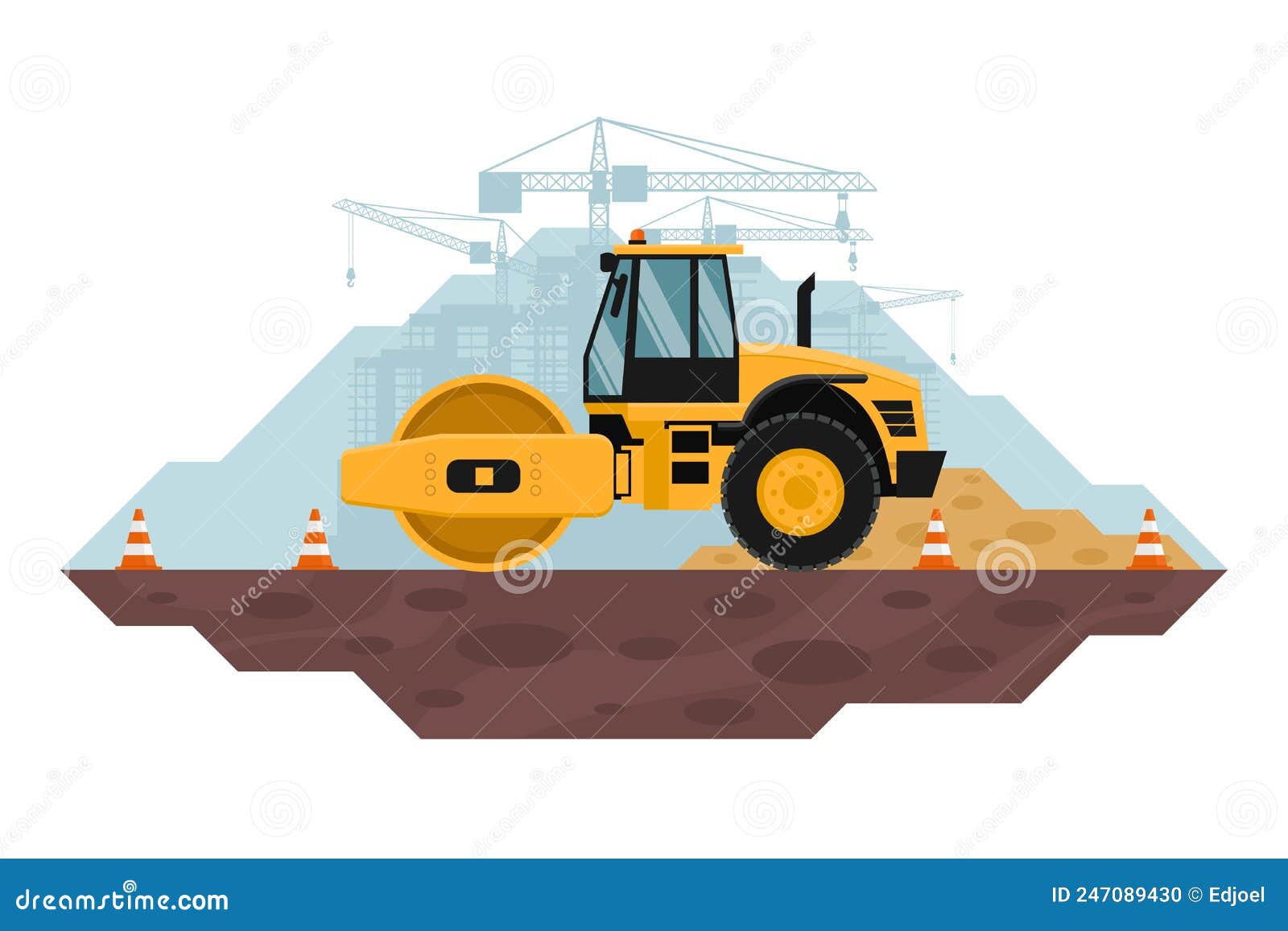 soil compactor performing work of leveling and compaction of land, heavy machinery used in the construction and mining industry. s