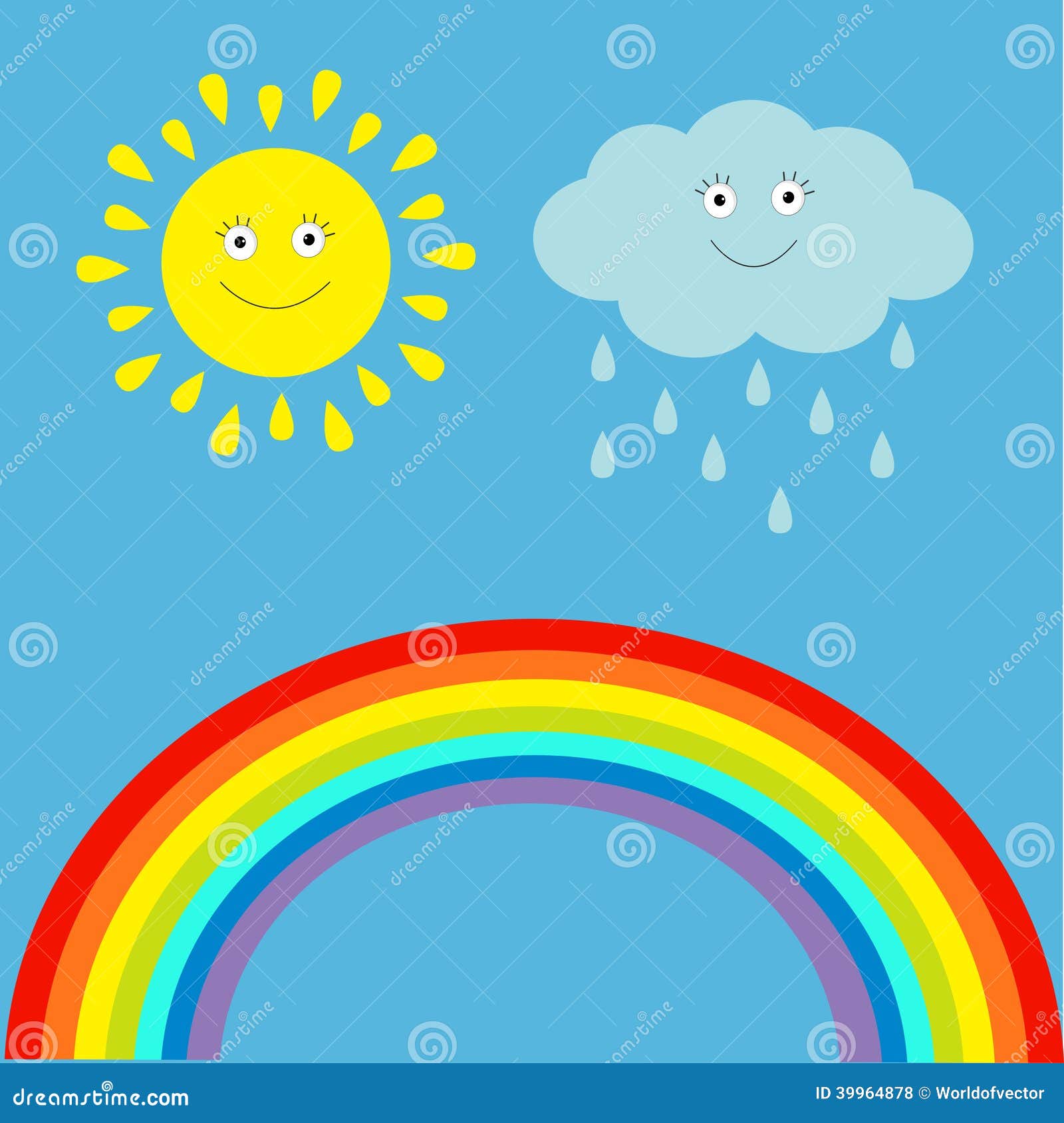 Sol kawaii colorido, nuvem, desenho animado arco-íris, chá de bebê