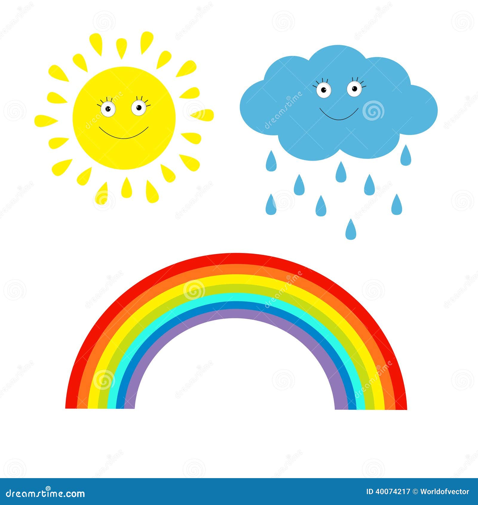 Imagens coloridas do sol dos desenhos animados com nuvens, chuva e  arco-íris no fundo branco. Jogos ao ar livre. Conjunto de ilustrações  vetoriais . imagem vetorial de Oleon17© 321286616