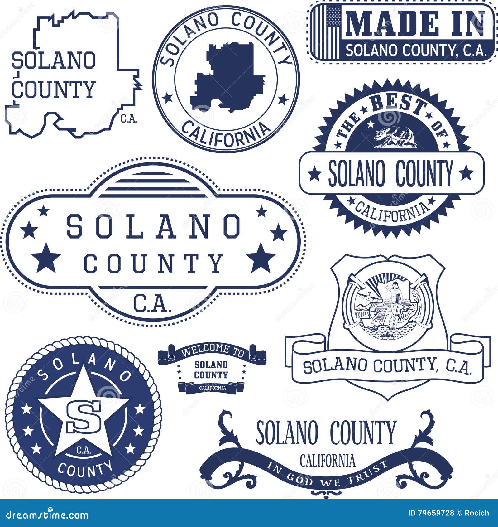 solano county, ca. set of stamps and signs