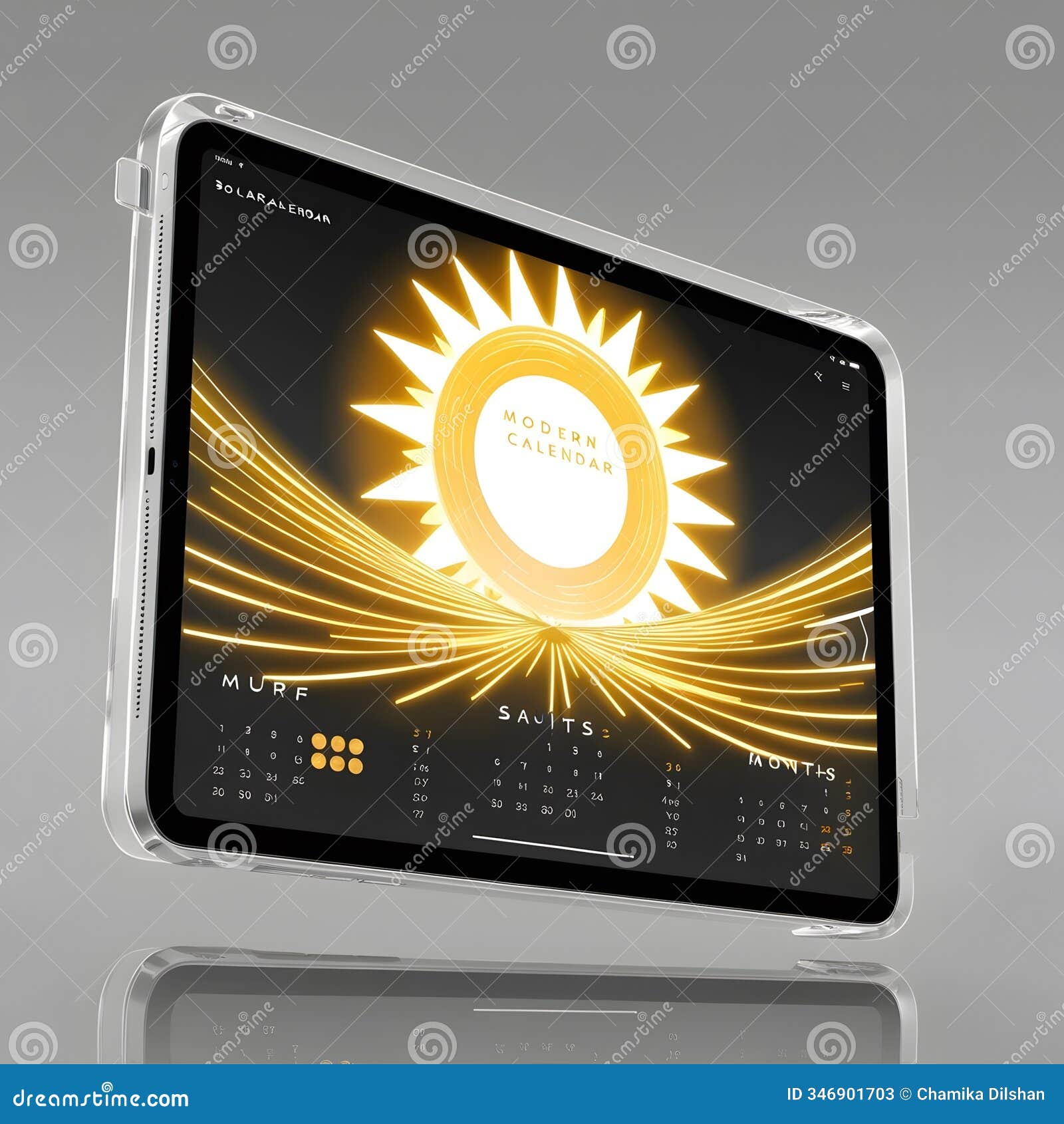 solar calendar app interface: a futuristic layout with golden rays izing time