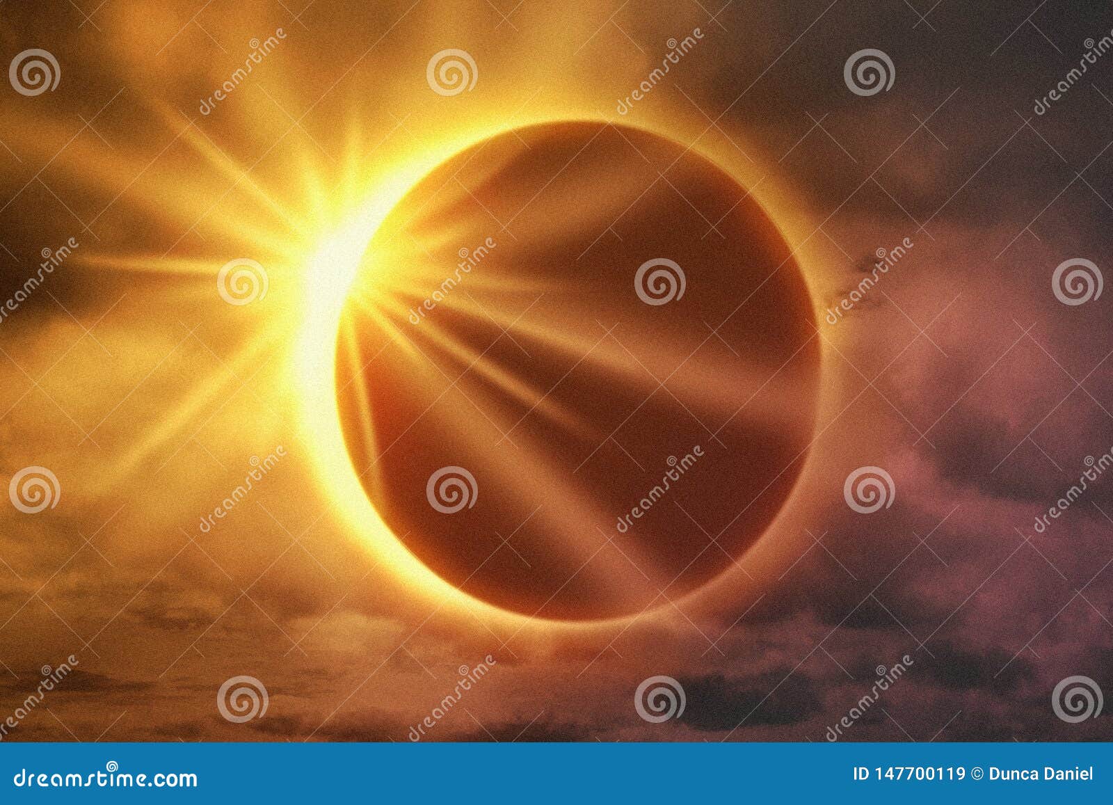 solar eclipse with clouds in the sky and sun flare