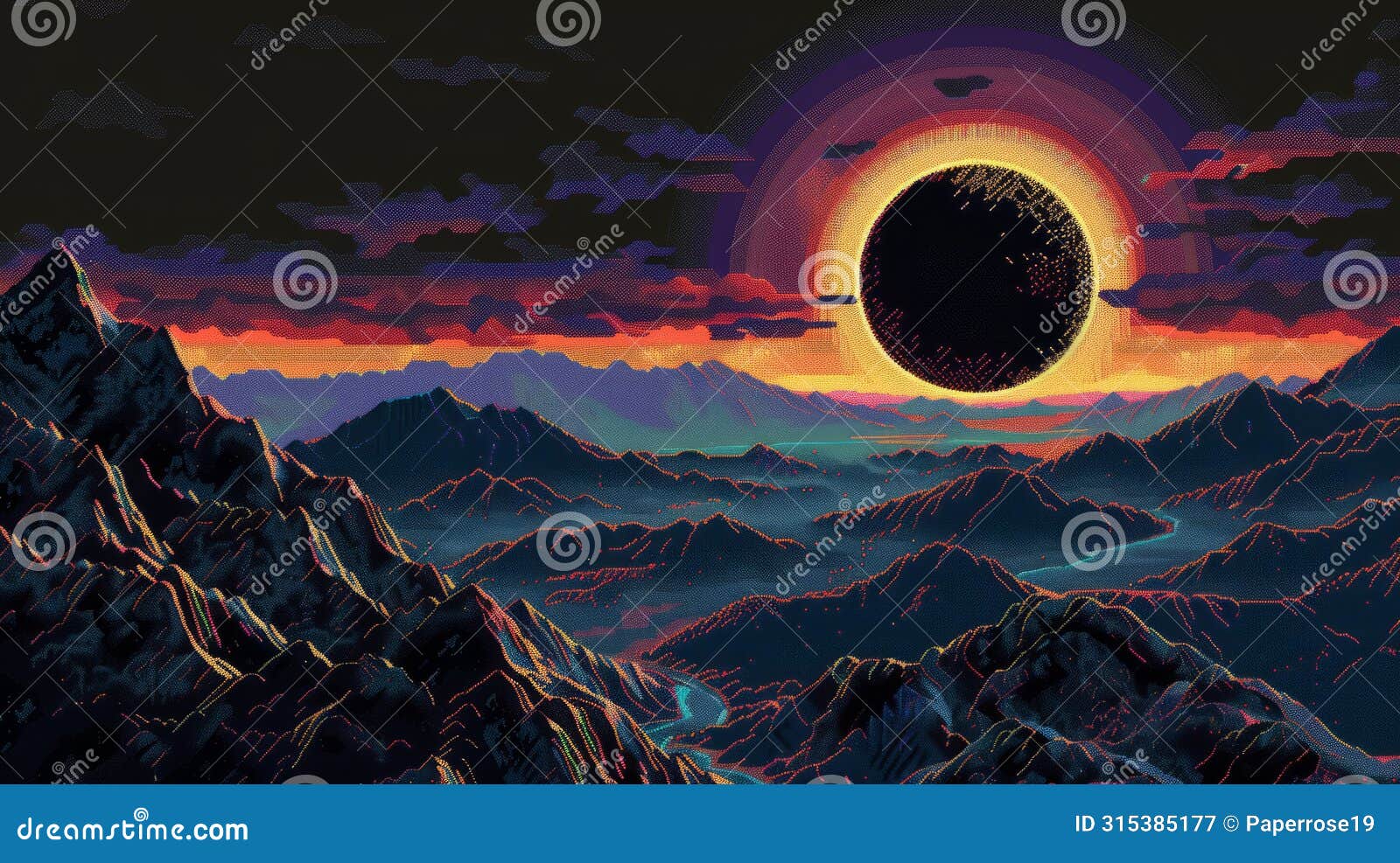 solar eclipse over appalachian landscape, lovecraftian, worrying bizarreness, paranoia