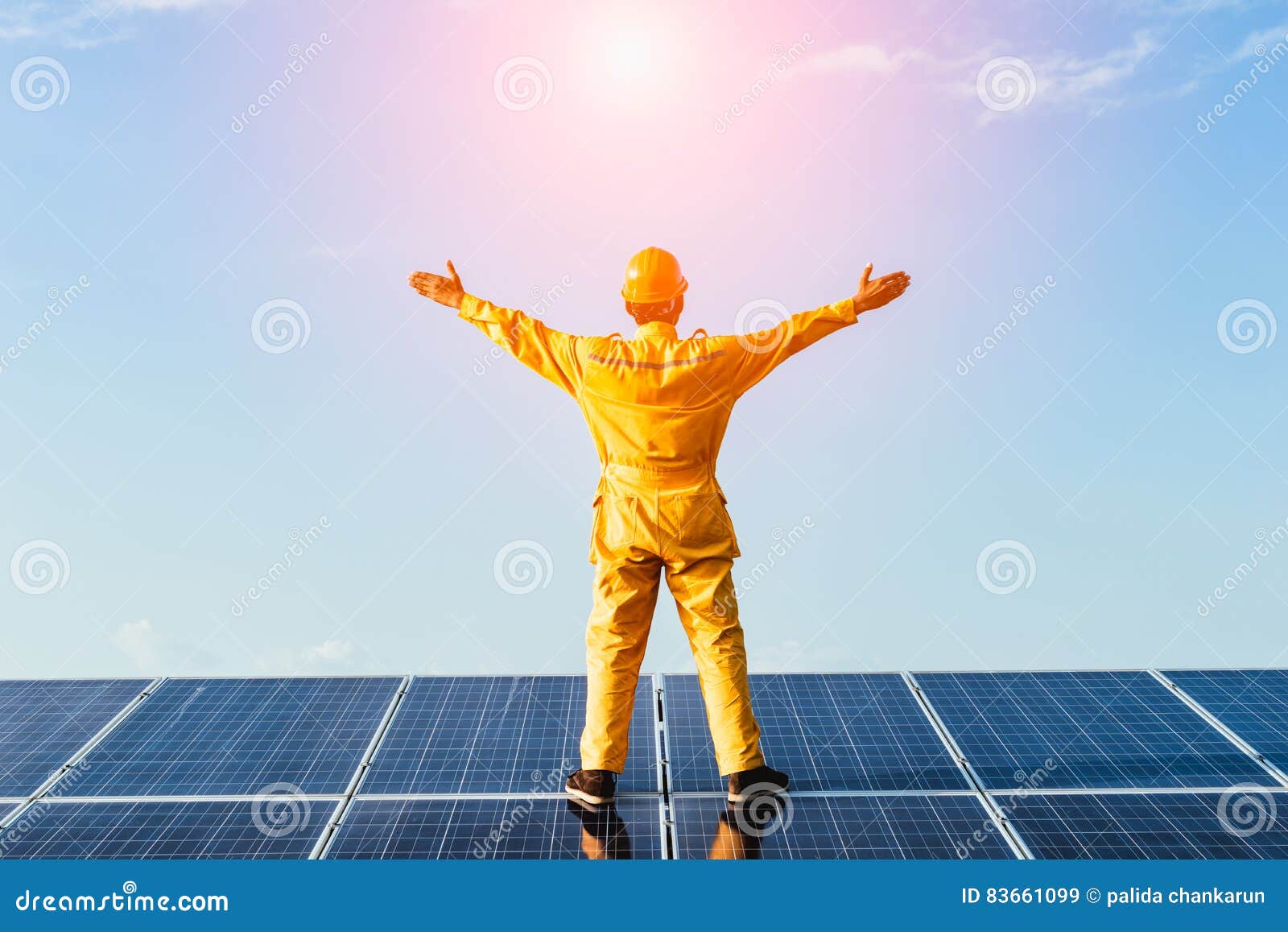 solar energy panel photovoltaics module with sky background.