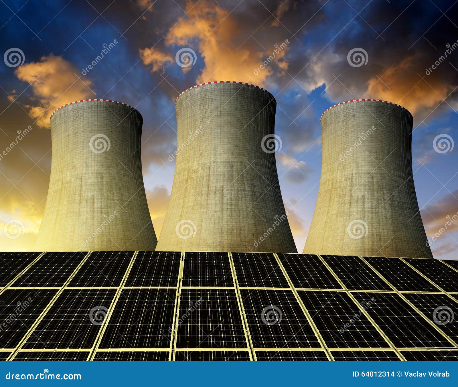Solar Energy Panels and Nuclear Power Plant Stock Photo Image of