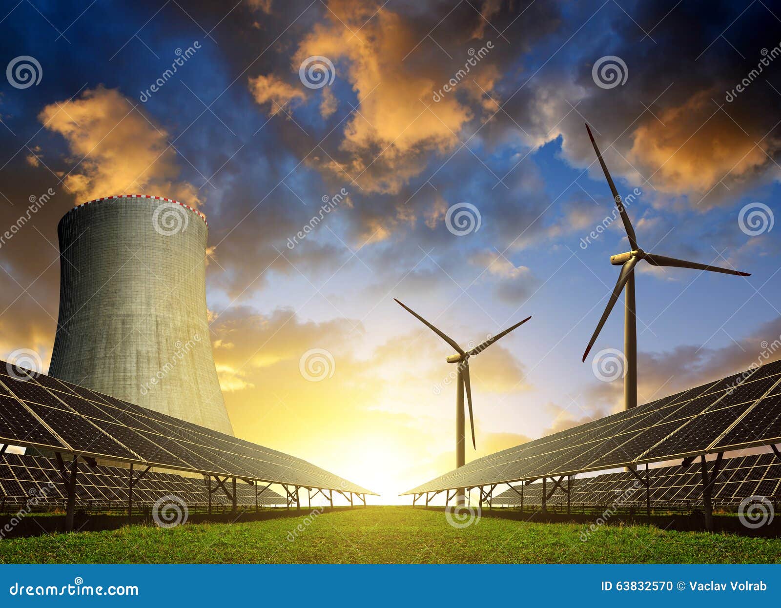 solar energy panels, wind turbines and nuclear power plant