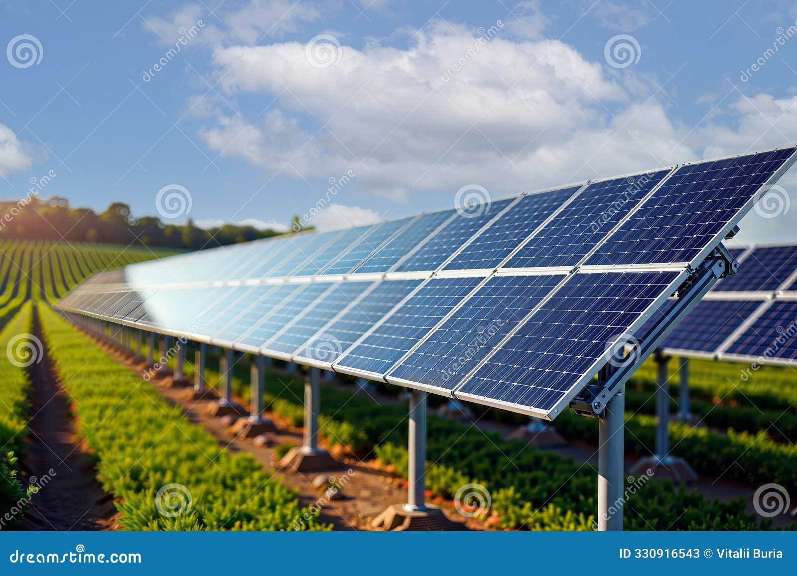 solar farm: panels under a clear blue sky, generative ai