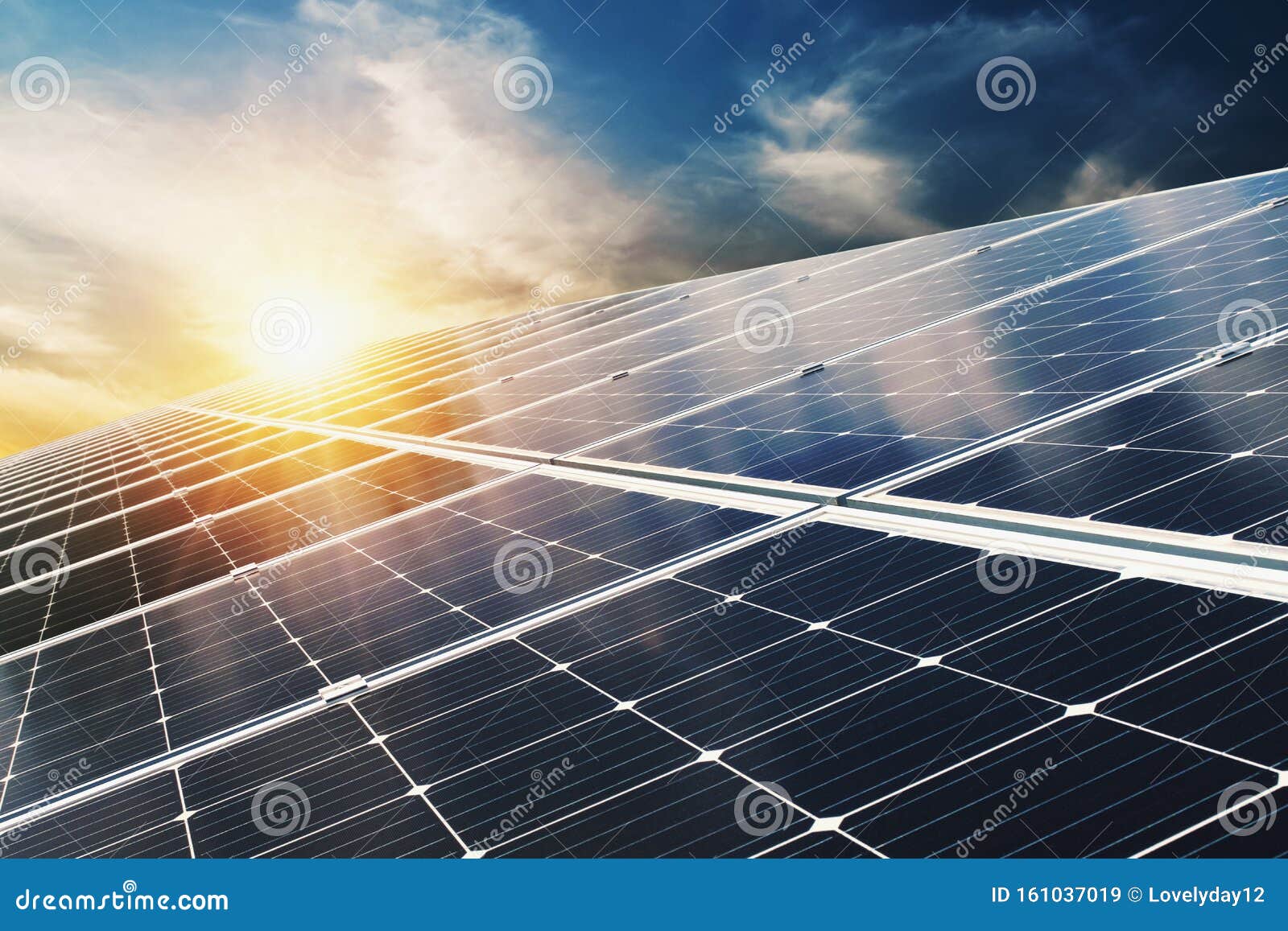 solar panel with blue sky and sunset. concept clean energy, electric alternative, power in nature