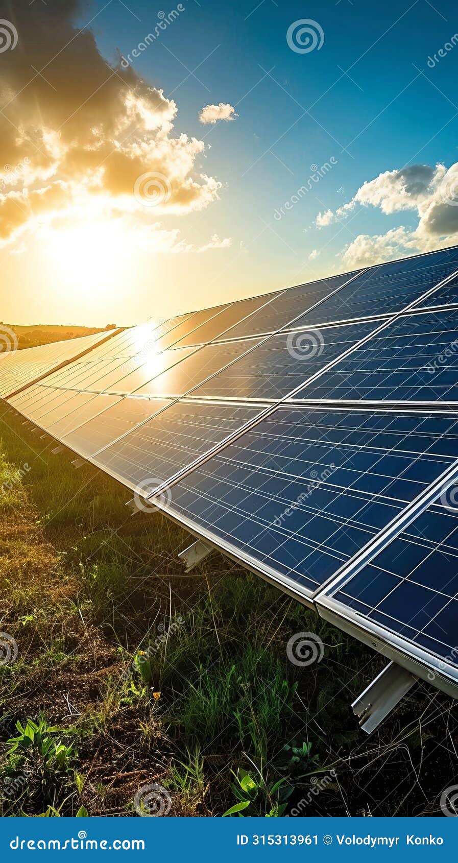 solar panel in field with setting sun, harnessing renewable energy
