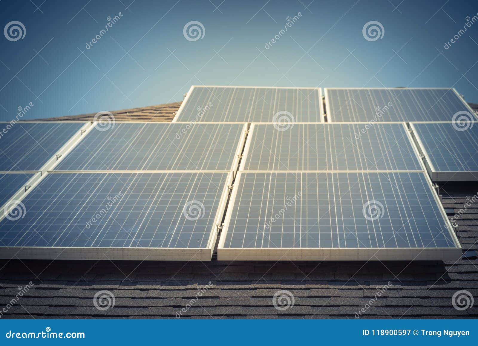 Solar Panel Installation on Asphalt Shingles Rooftop Stock Image