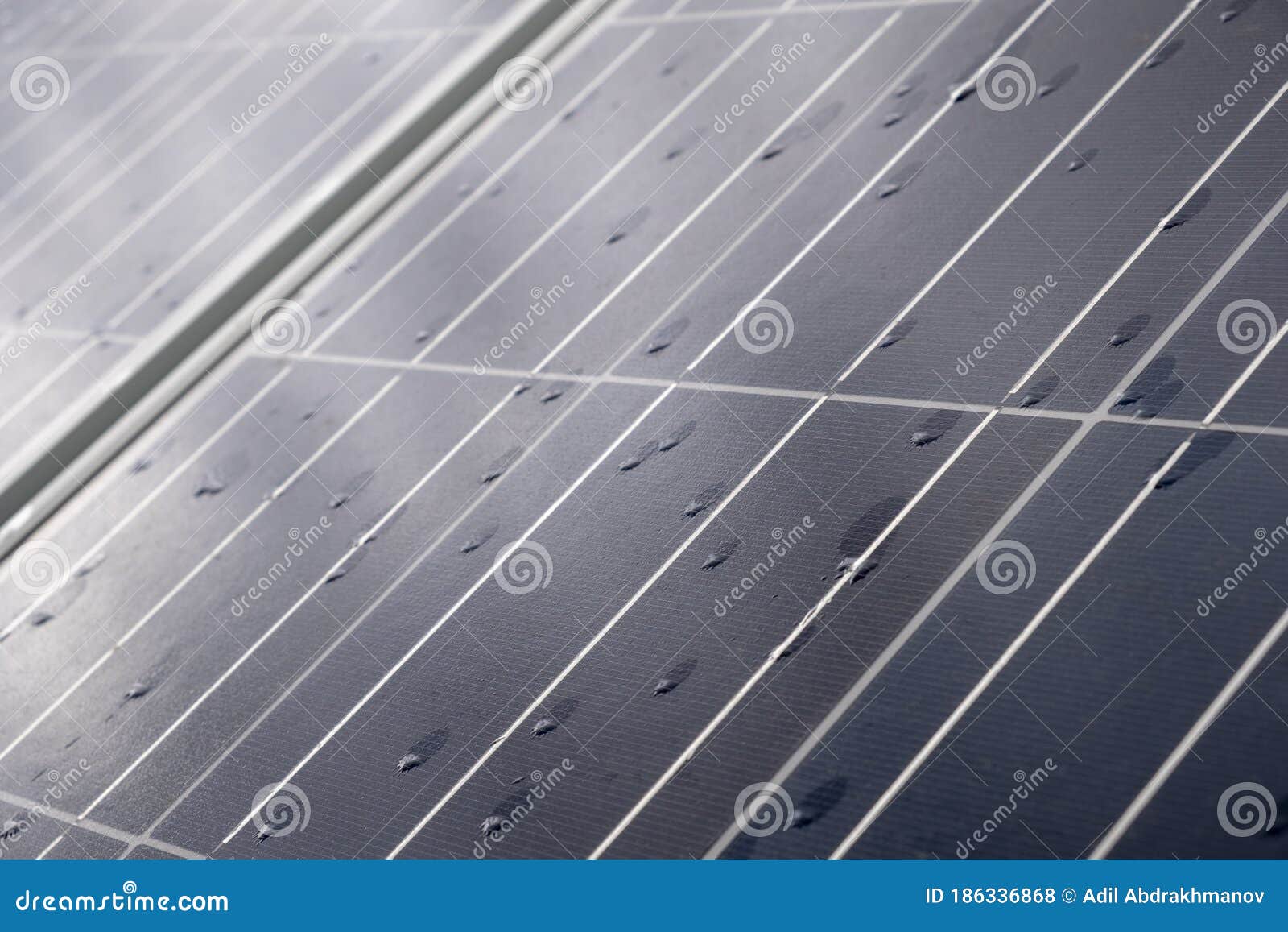 Solar Panel with Rain Drops on it. Solar Panel in Rain. Stock Photo