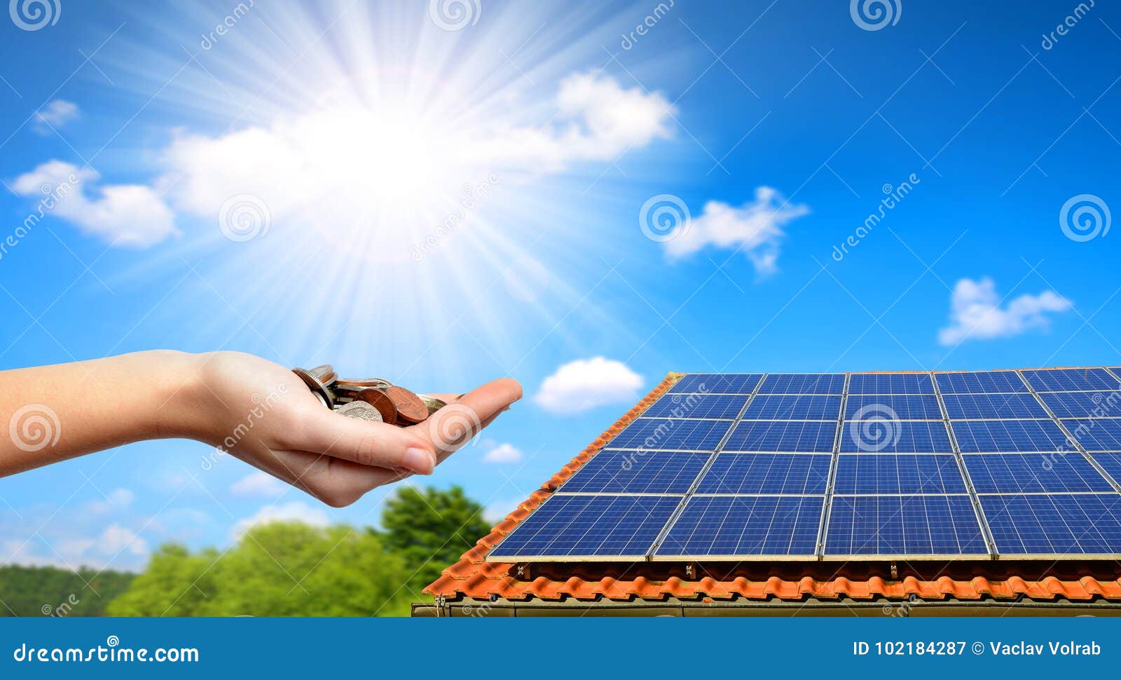 solar panel on the roof of the house and coins in hand.
