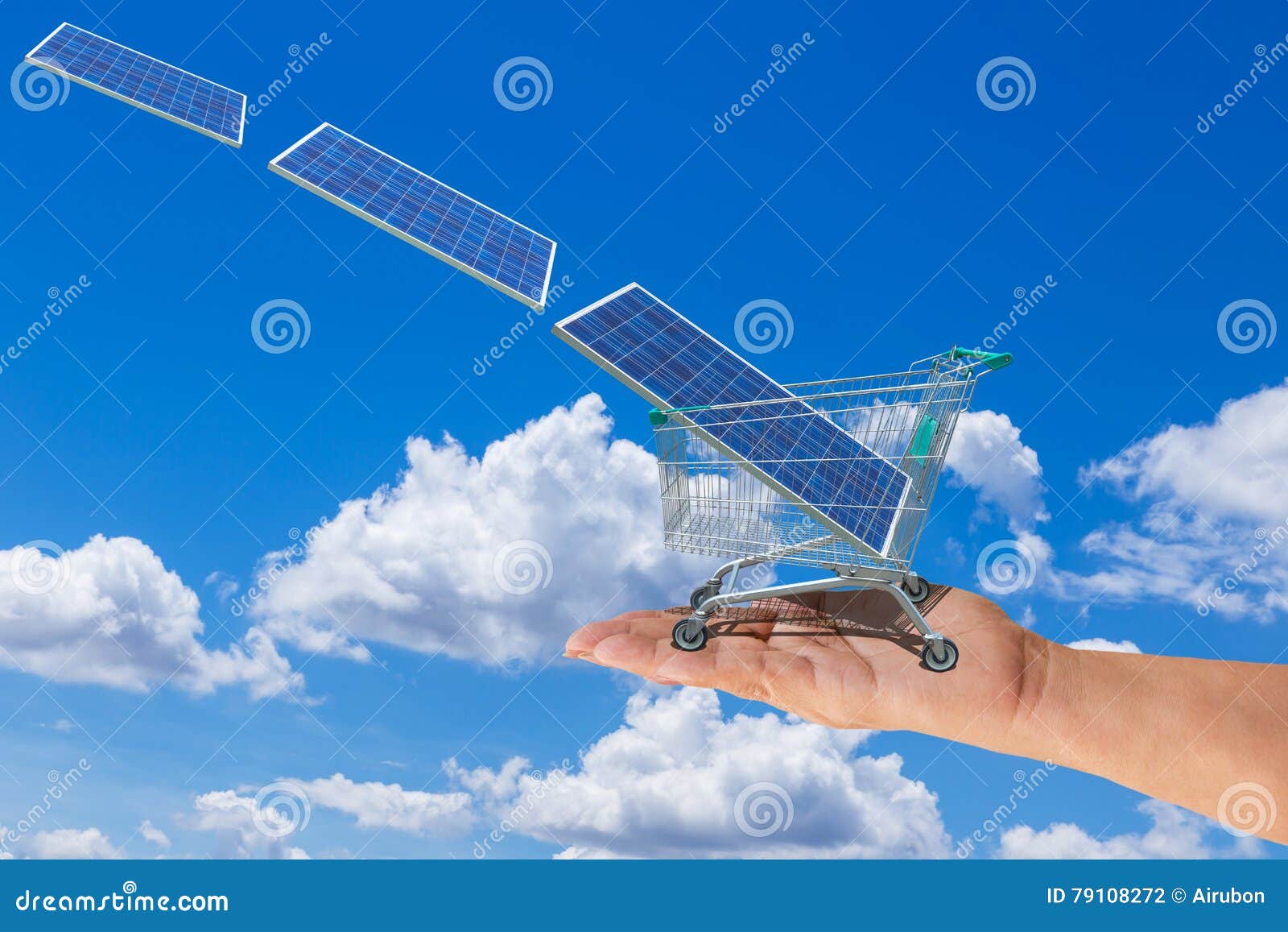 solar panel in shopping trolley cart on women hand with photovoltaics falling from sky.