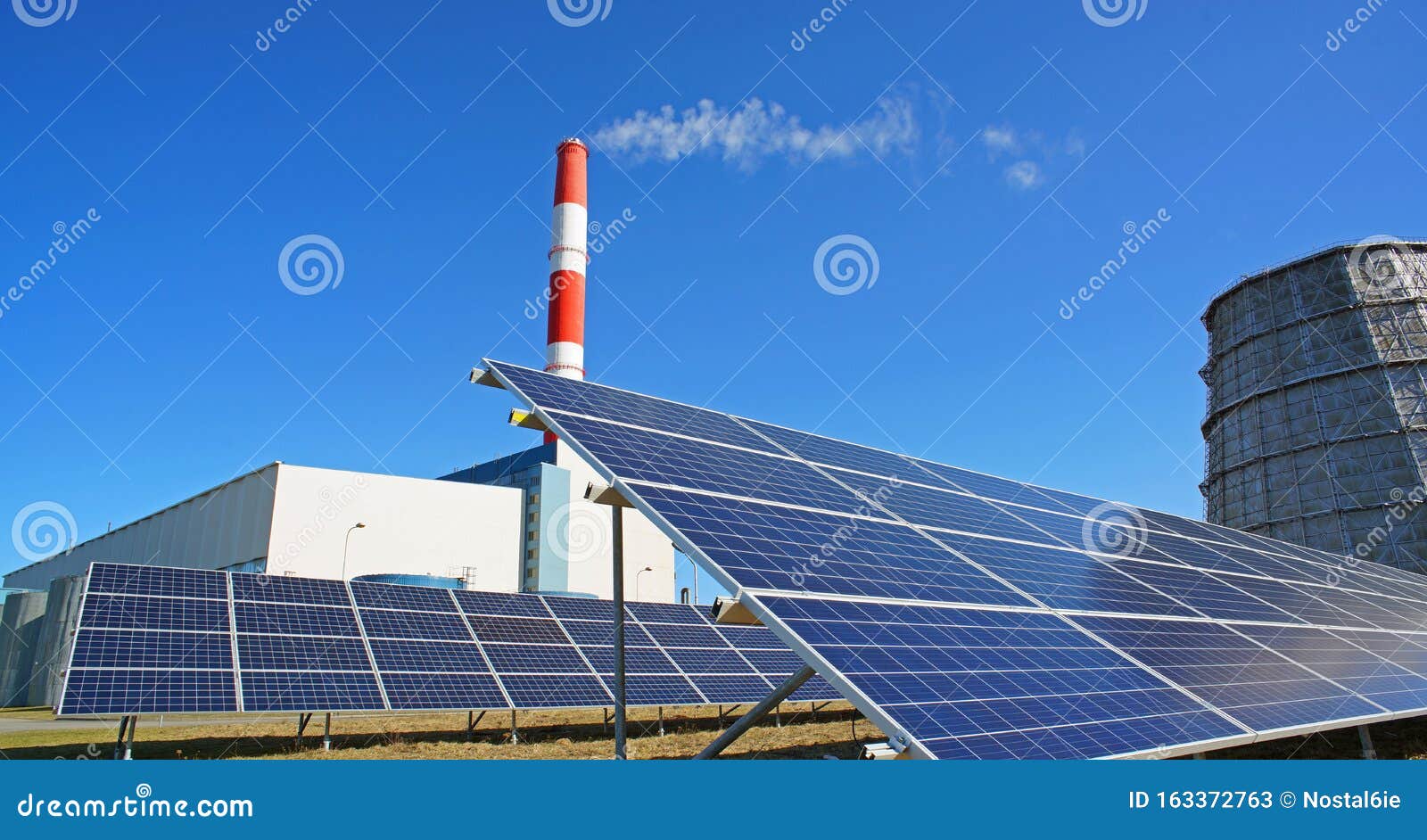 Solar Panel, Smokestack And Water Cooler At Power Plant Stock Image Image of energy