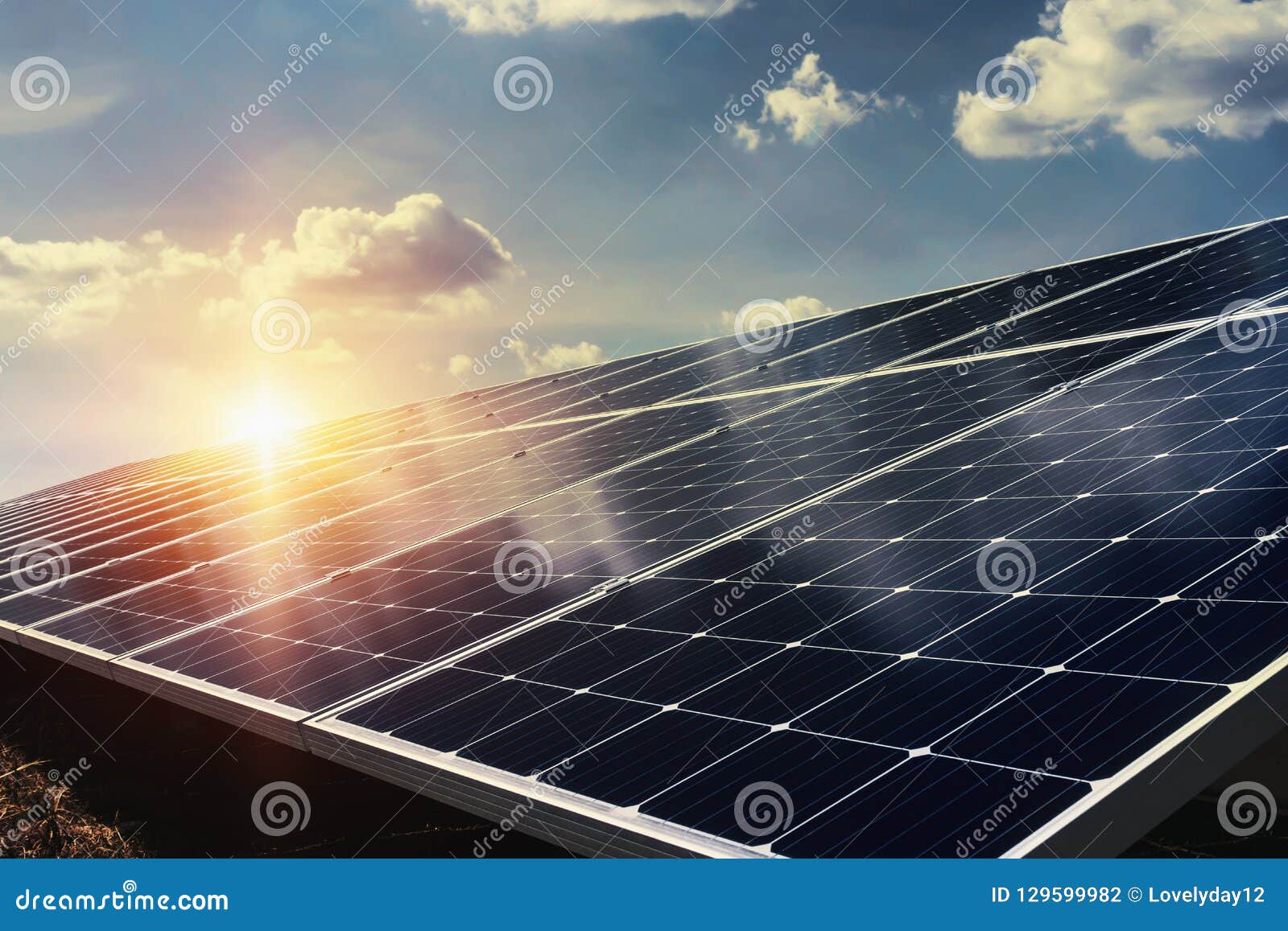 solar panel with sunlight and blue sky background. concept clean