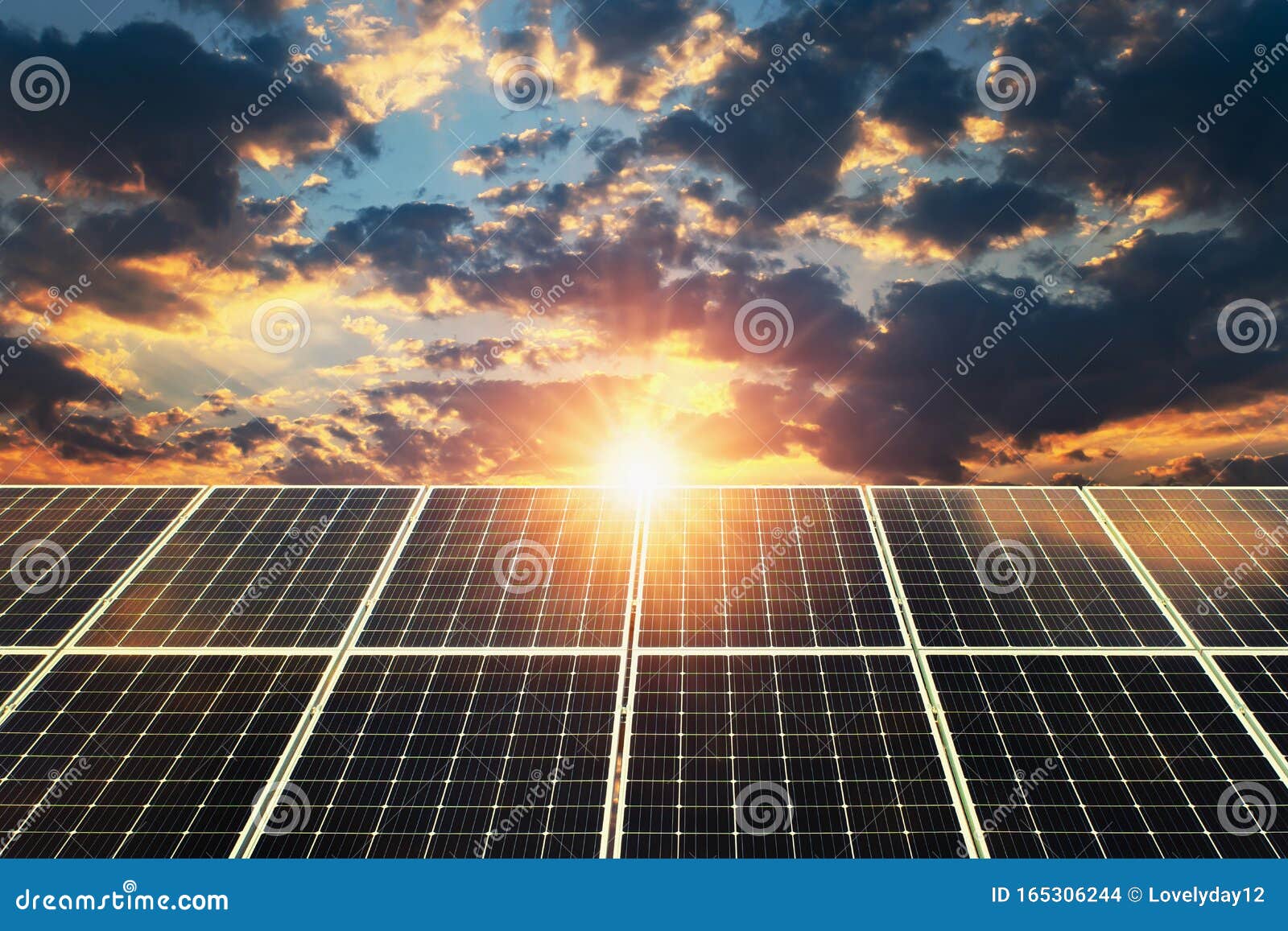 solar panel sunset. concept clean energy, electric alternative, power in nature