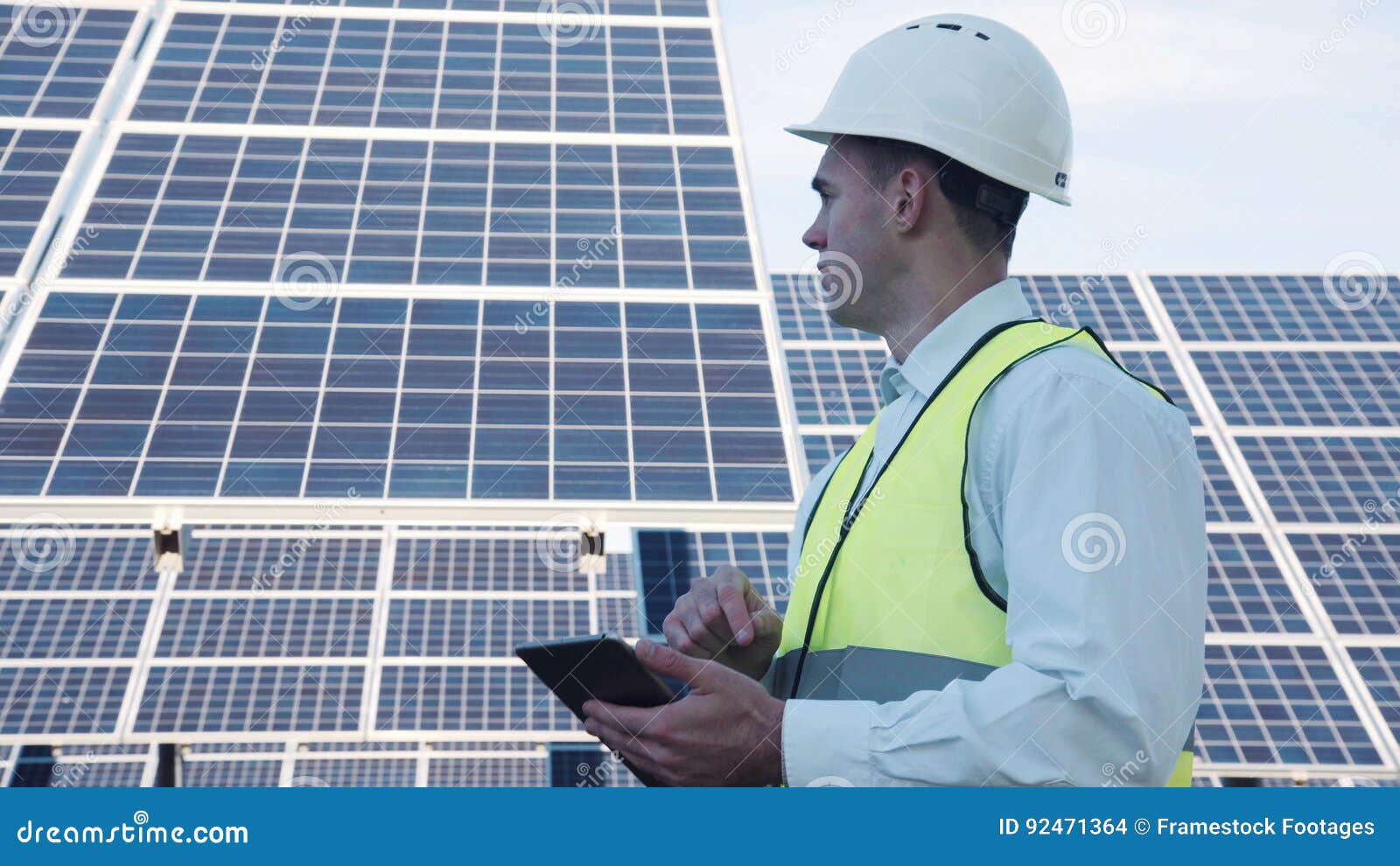 Solar Panel Technician Using Tablet Near Array Stock Photo Image of