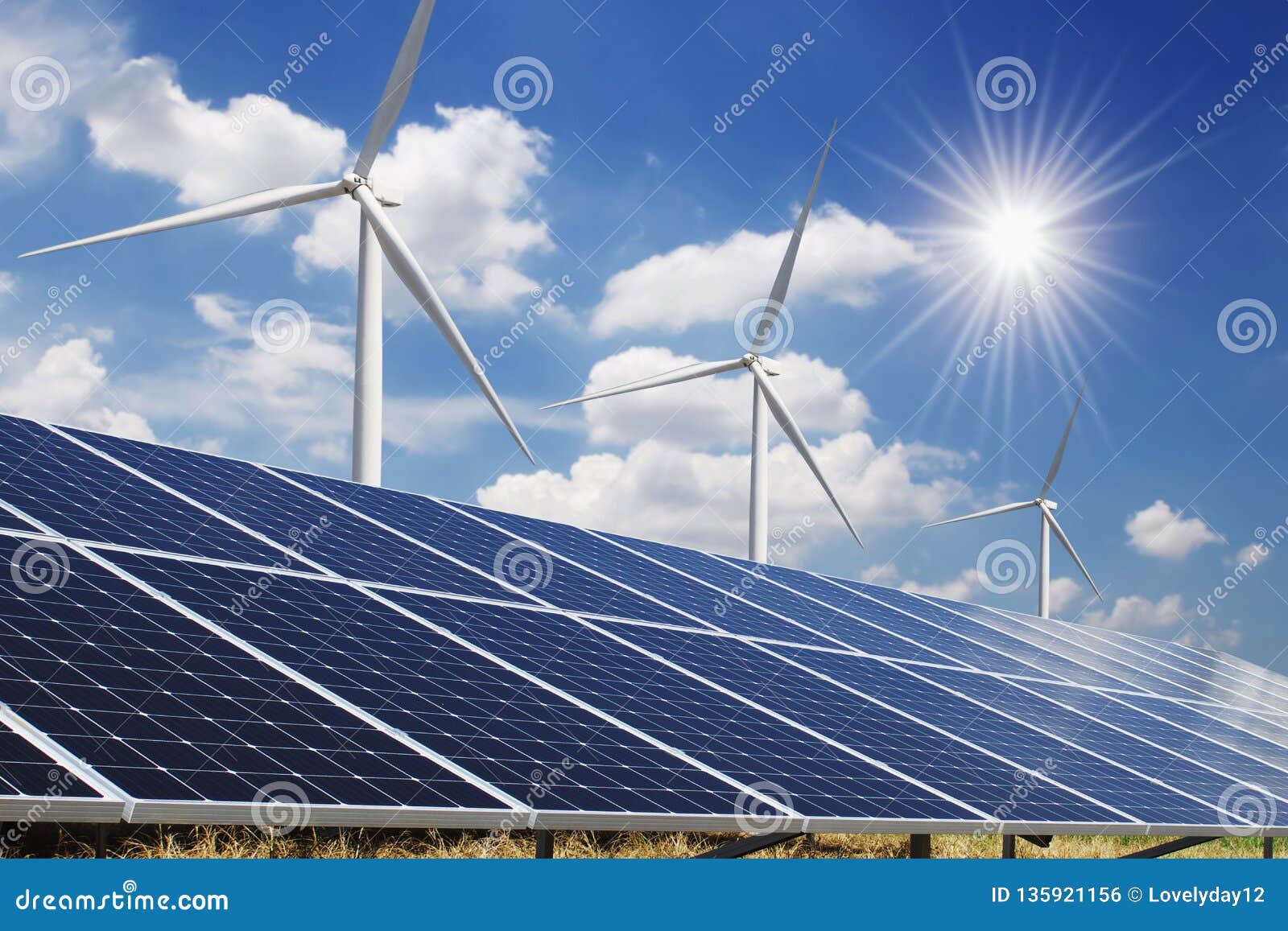 solar panel and wind turbine blue sky with sun background. concept clean power