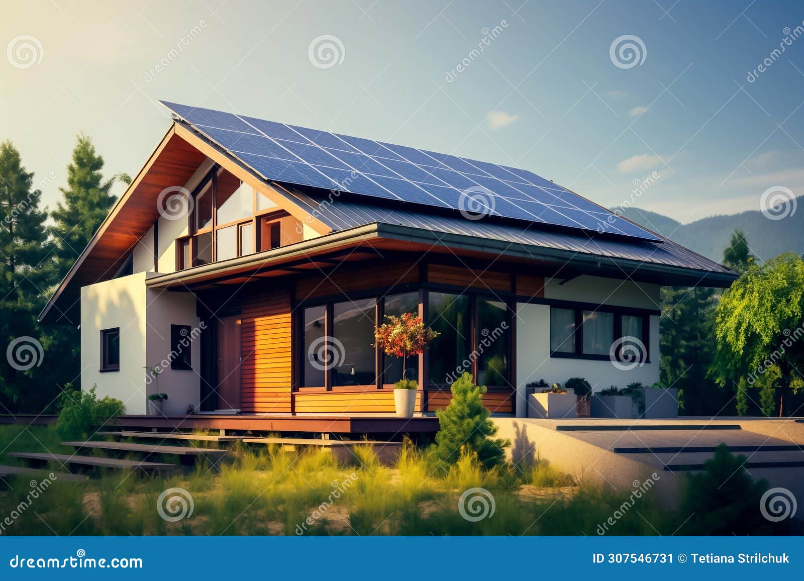 solar panels on a gable roof. beautiful, large modern house and solar energy.