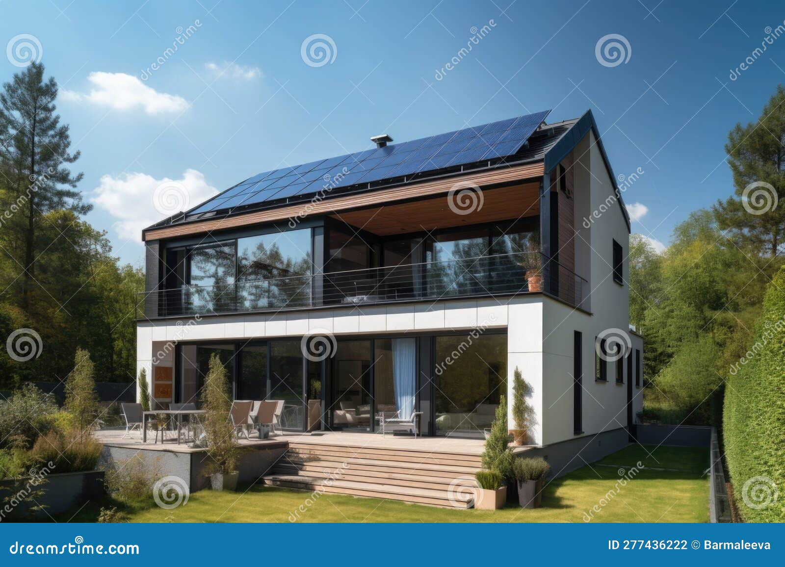 solar panels on a gable roof. beautiful, large modern house and solar energy. generative ai