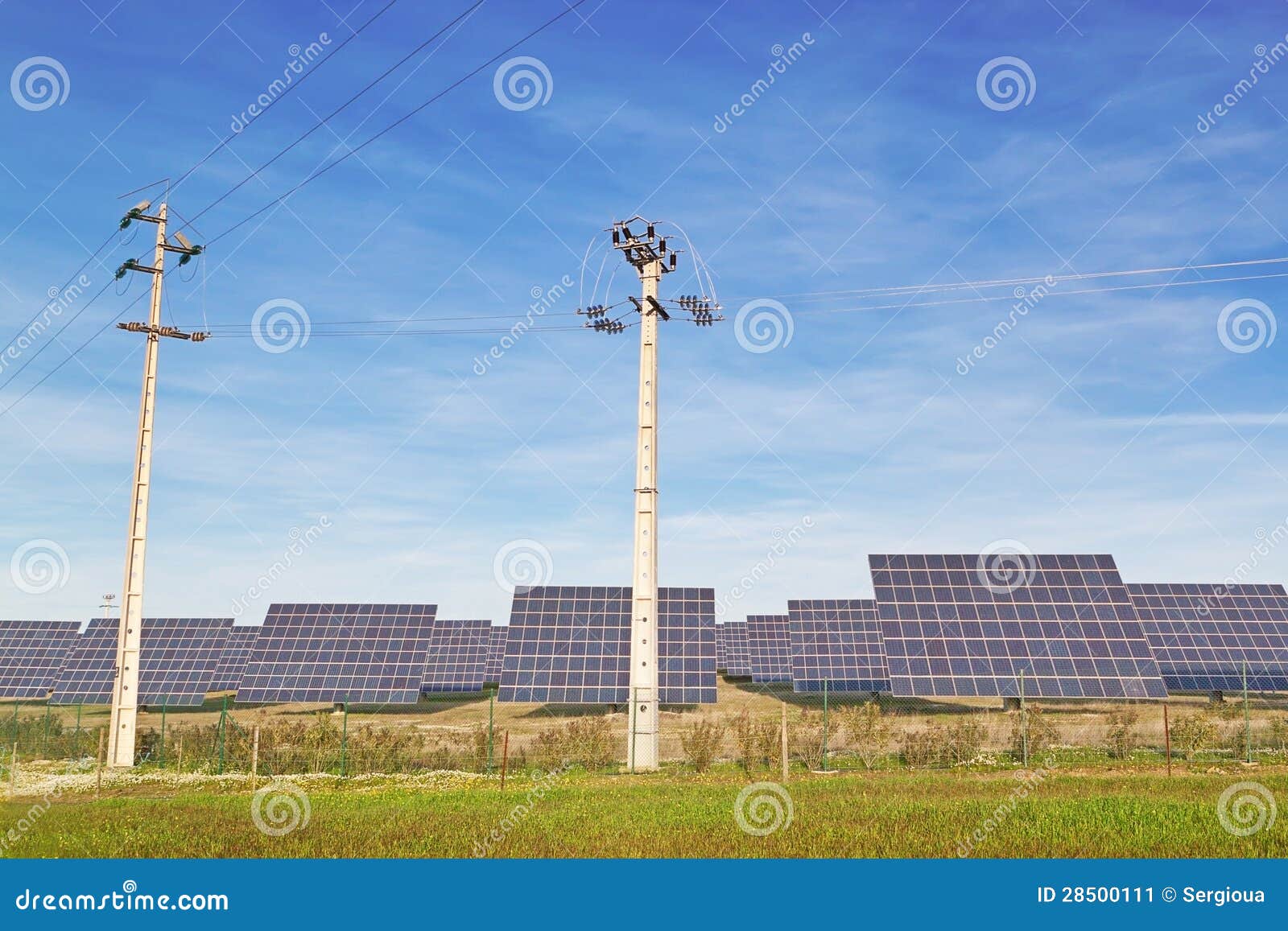 Solar Panels and Highvoltage Line. Stock Image Image of energy