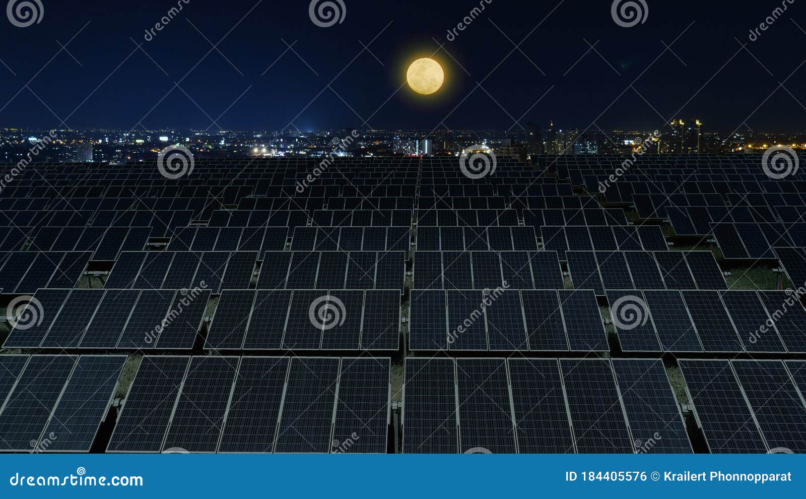 Solar Panels at Night with Full Moon. Stock Photo Image of full
