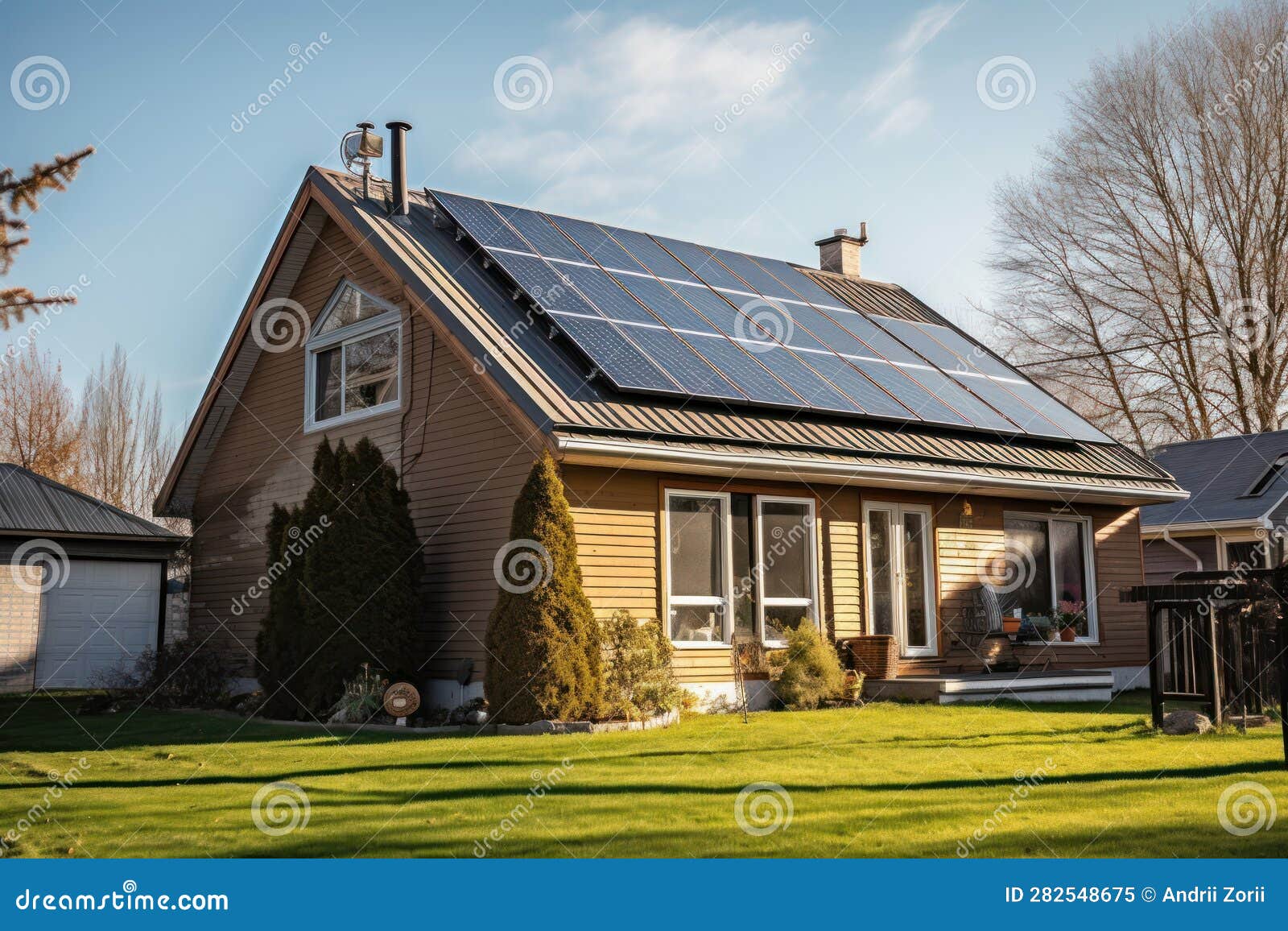 solar panels on roof of the house renewable energy . generative ai