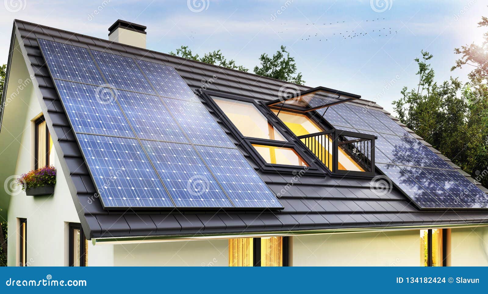 solar panels on the roof of the modern house