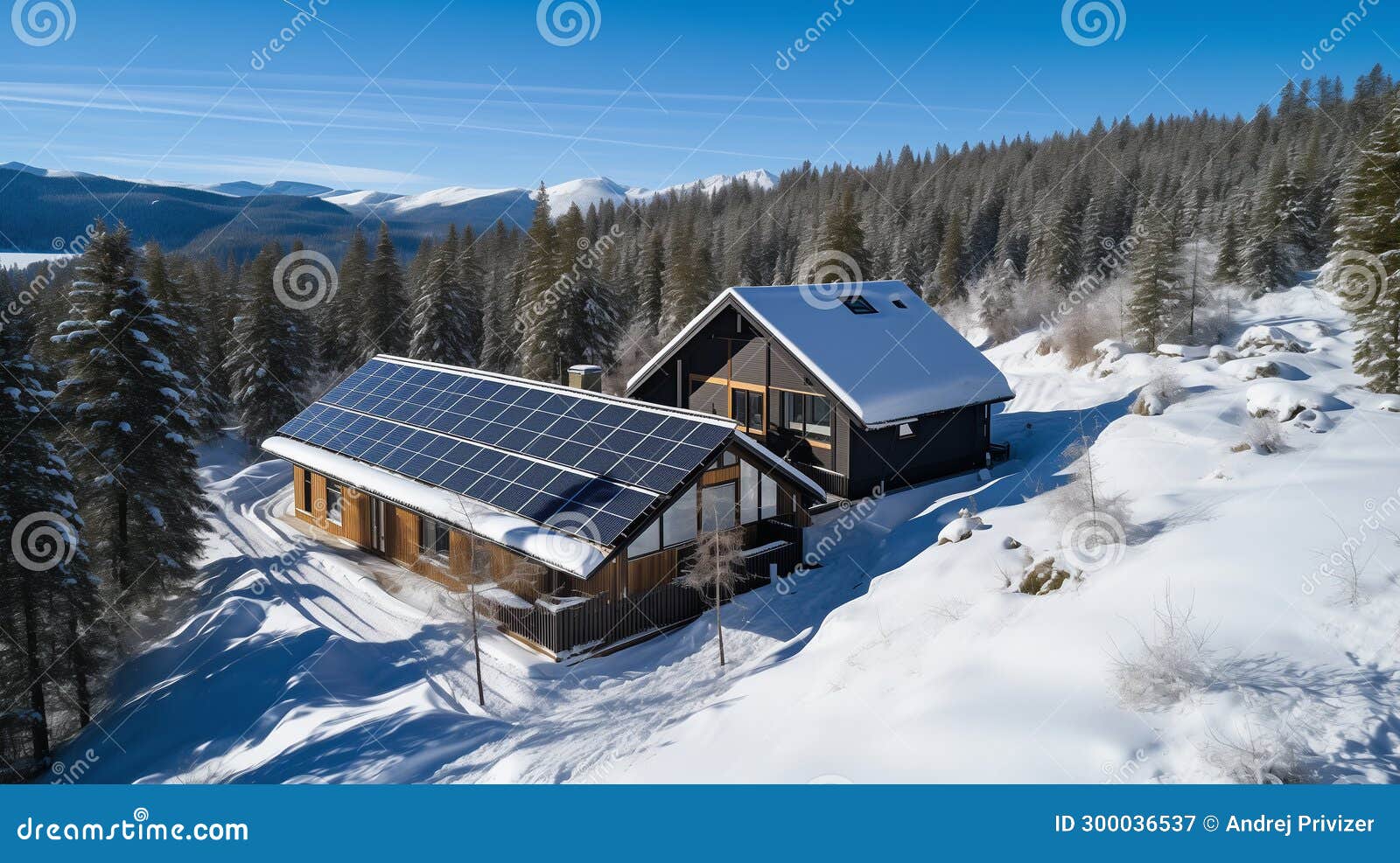 Solar Panels on a Roof with Snow in Winter AI Generated Stock