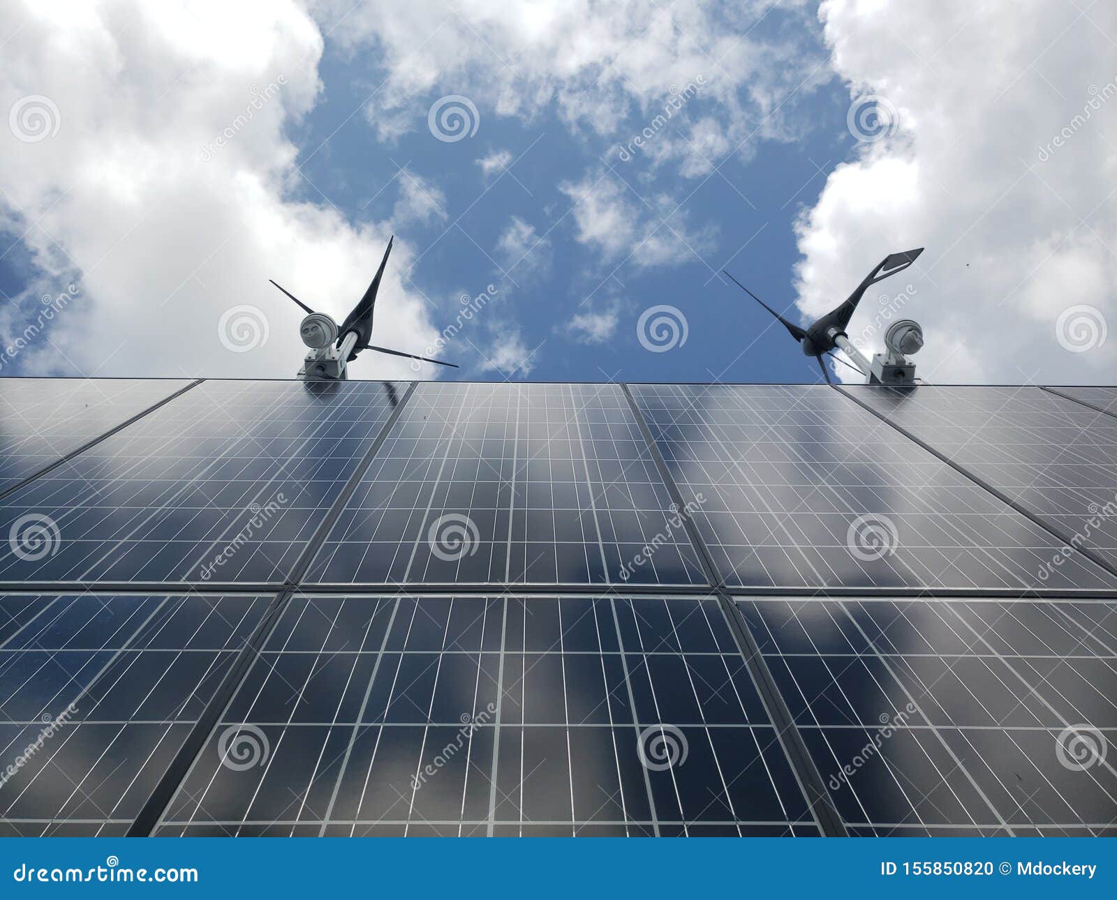solar panels, turbines, cameras, clouds
