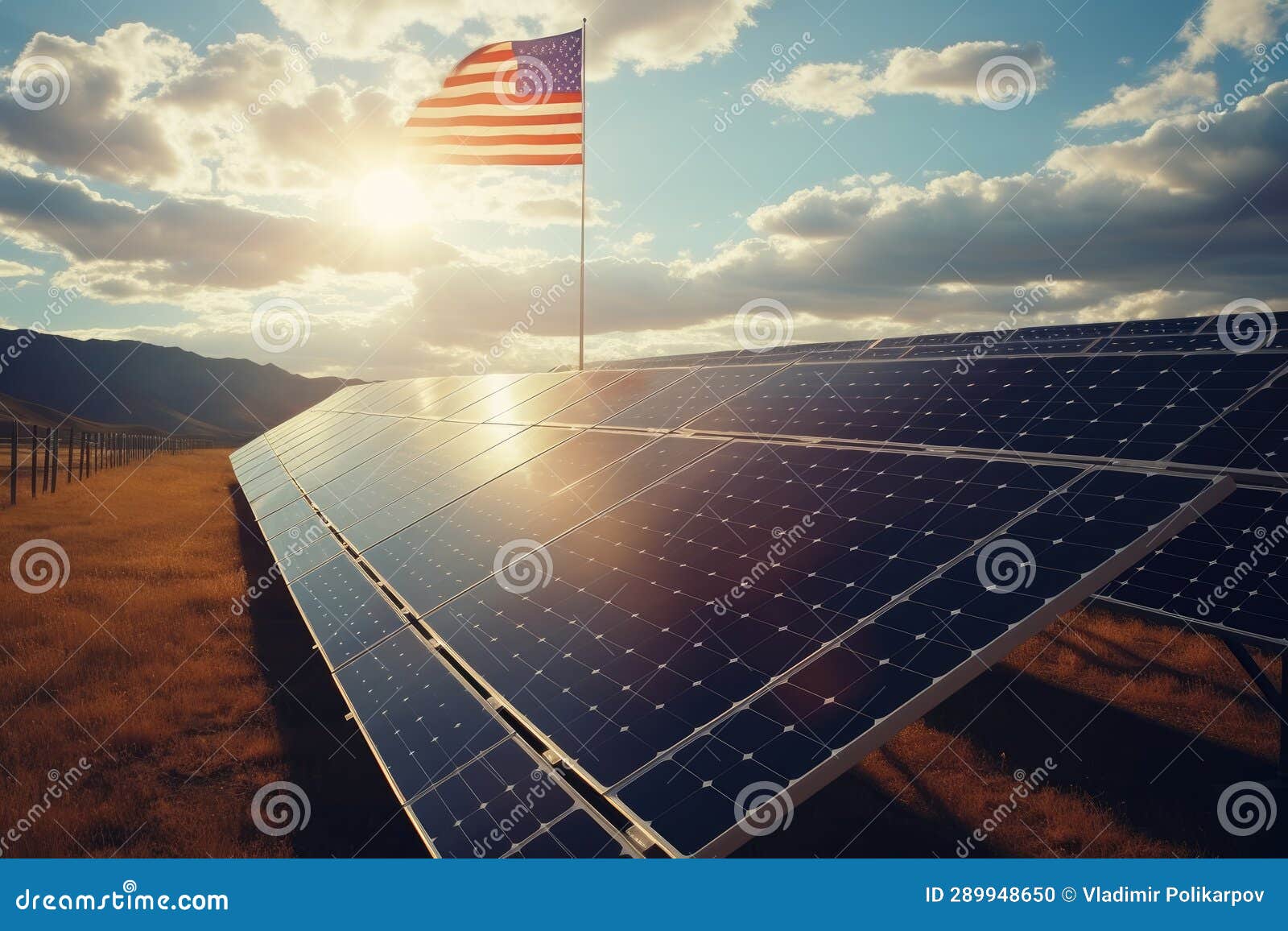 Solar panels with US flag stock photo. Image of ecological 289948650