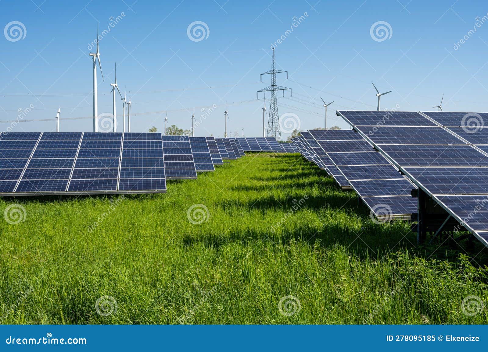 Solar panels, wind turbines and electricity pylons seen in Germany