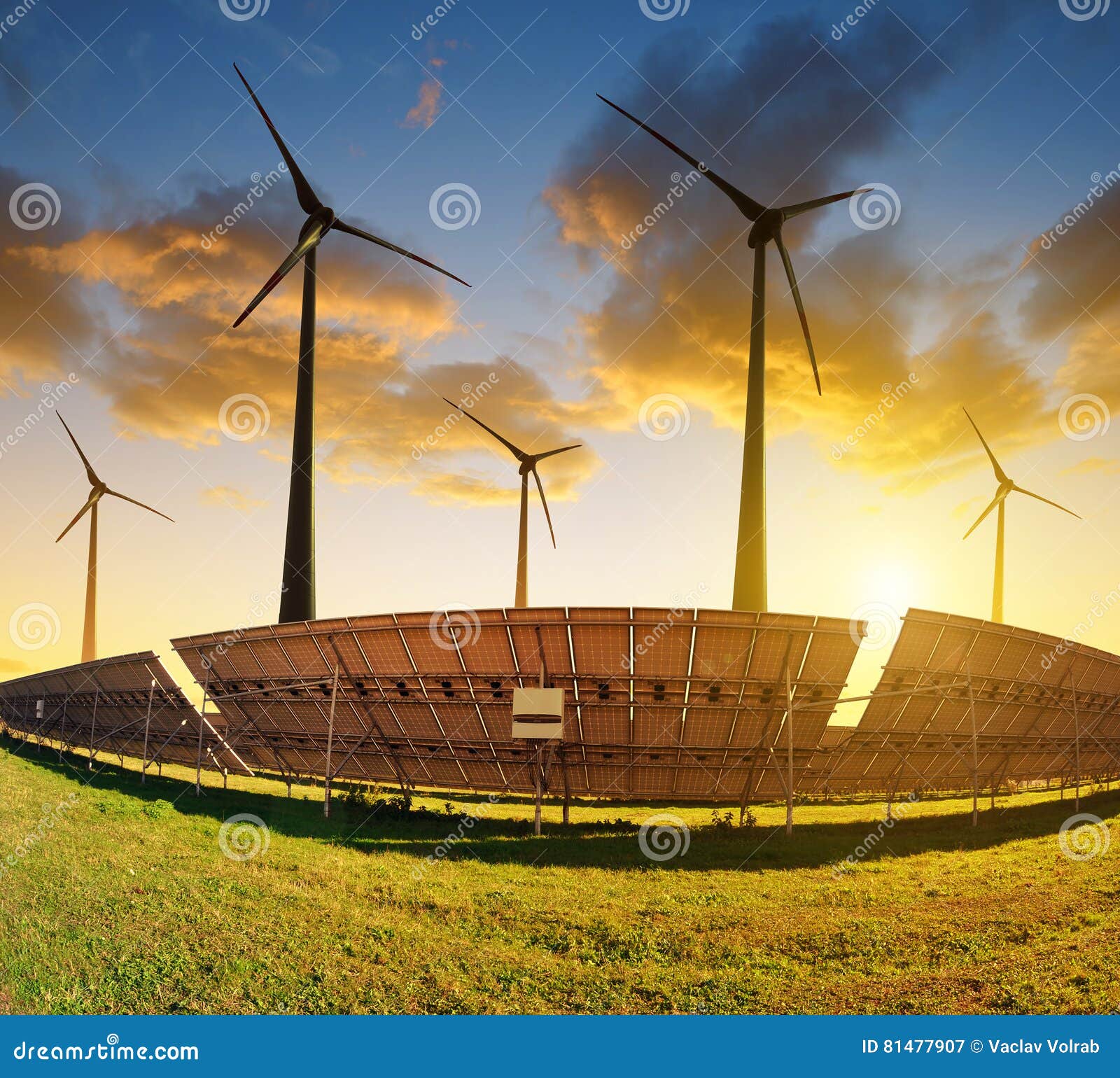 Solar Panels with Wind Turbines at Sunset. Stock Image Image of high