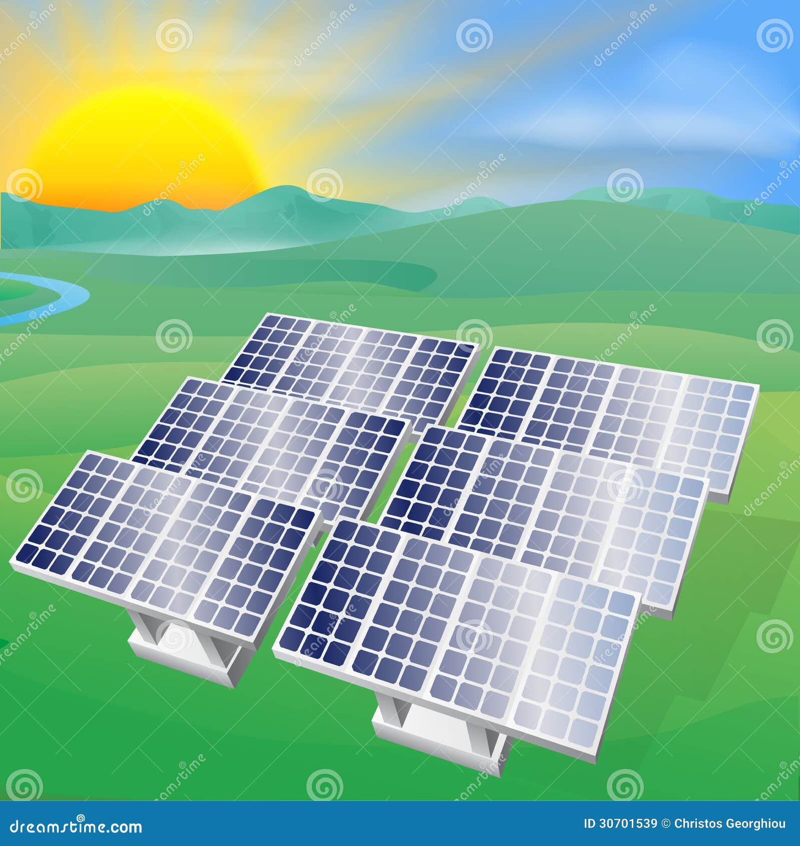 Illustration of a solar panel photovoltaic cells generating power and 