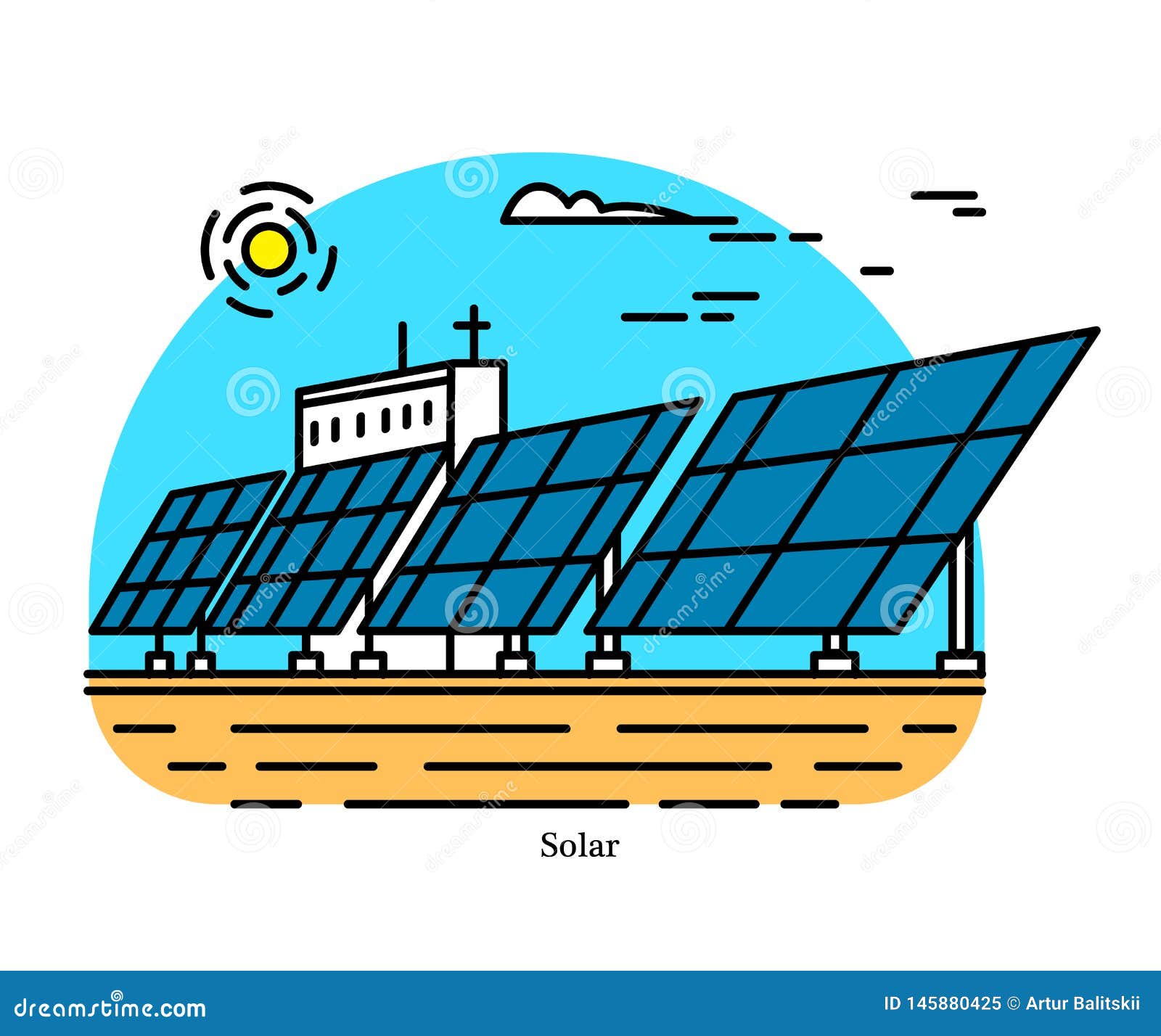 Solar power plant. Conversion of concentrated energy from sunlight into electricity. Powerhouse or generating station. Industrial building icon. Photovoltaic effect. Ecological sources of Electricity