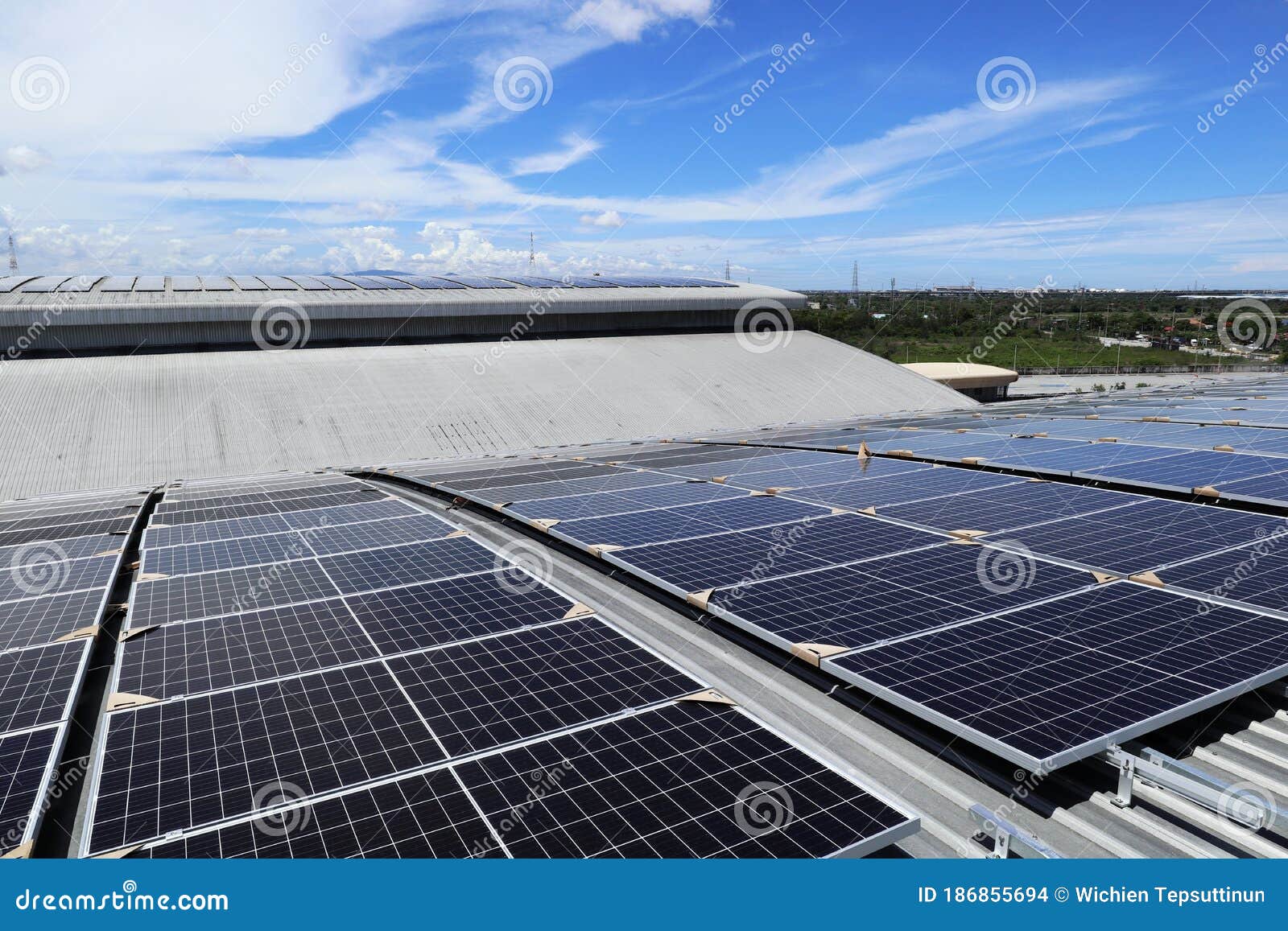 Solar Pv Rooftop On Curve Roof Under Construction Blue Sky Background Stock Photo Image Of Roof Stock