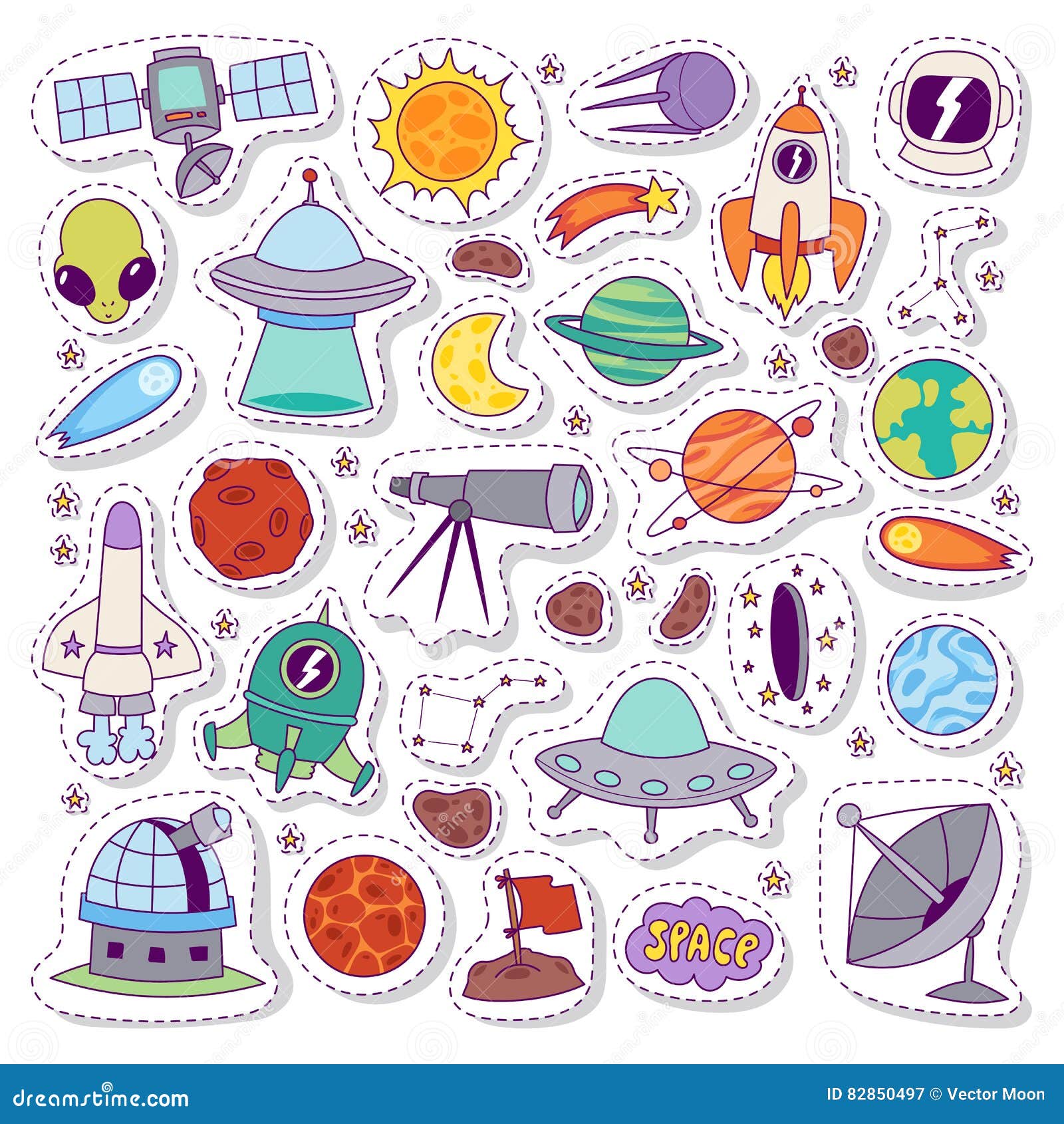 solar system astronomy icons stickers  set.