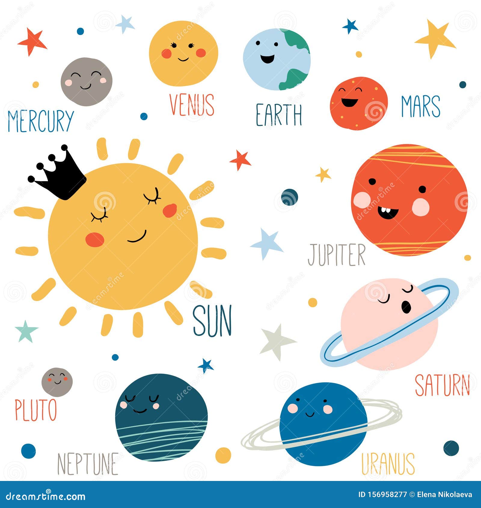 The Solar System Design. Illustrations vector graphic of the solar system  in flat design cartoon style. solar system poster design for kids learning.  space kids. Stock Vector