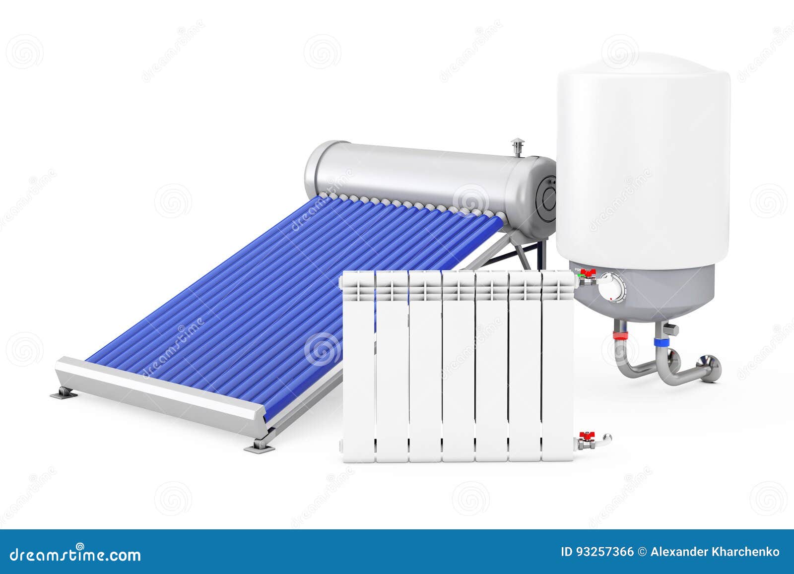 Solar Water Heater with Boiler and Radiator. 3d Rendering Stock