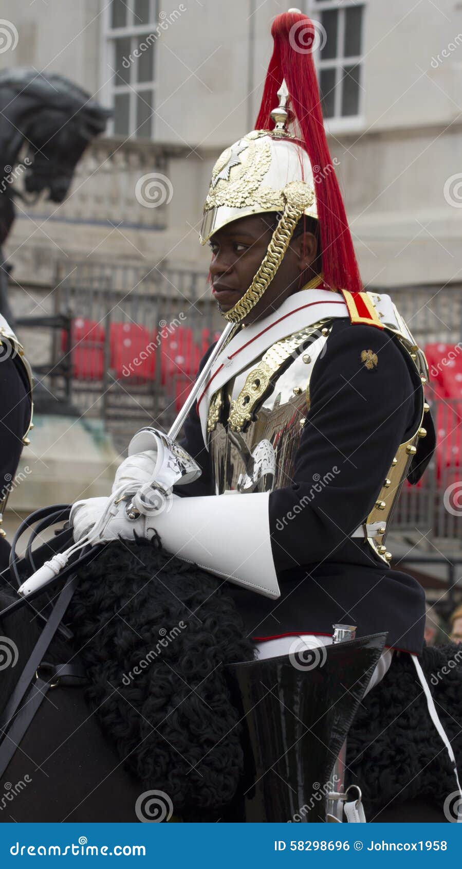 Soldier from Blues and Royals Cavalry Regiment. Soldier from Blues and Royals Cavalry Regiment on horseback at Horseguard s Parade, London. UK.