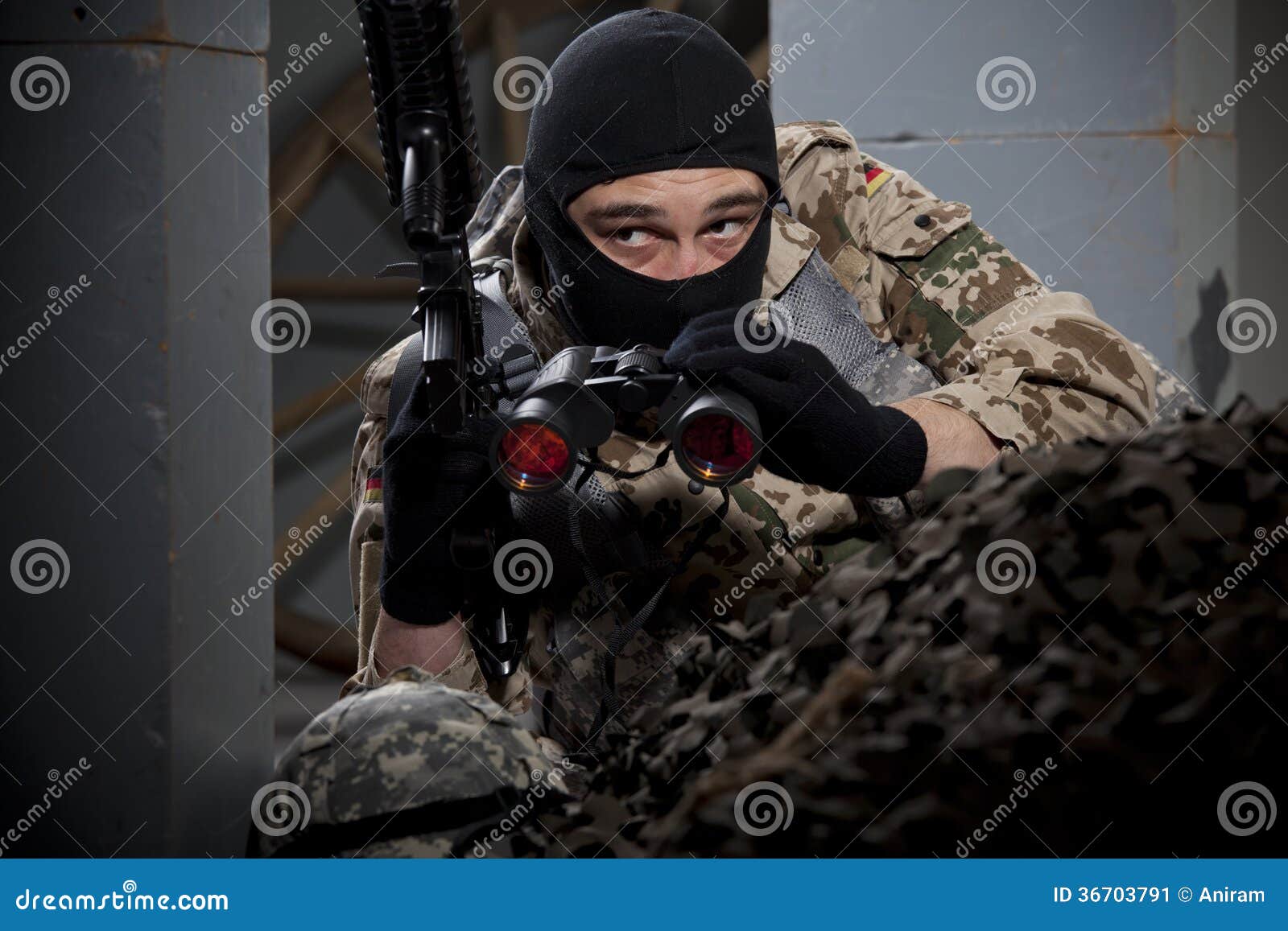 Soldier with Gun and Binoculars Stock Image Image of forces