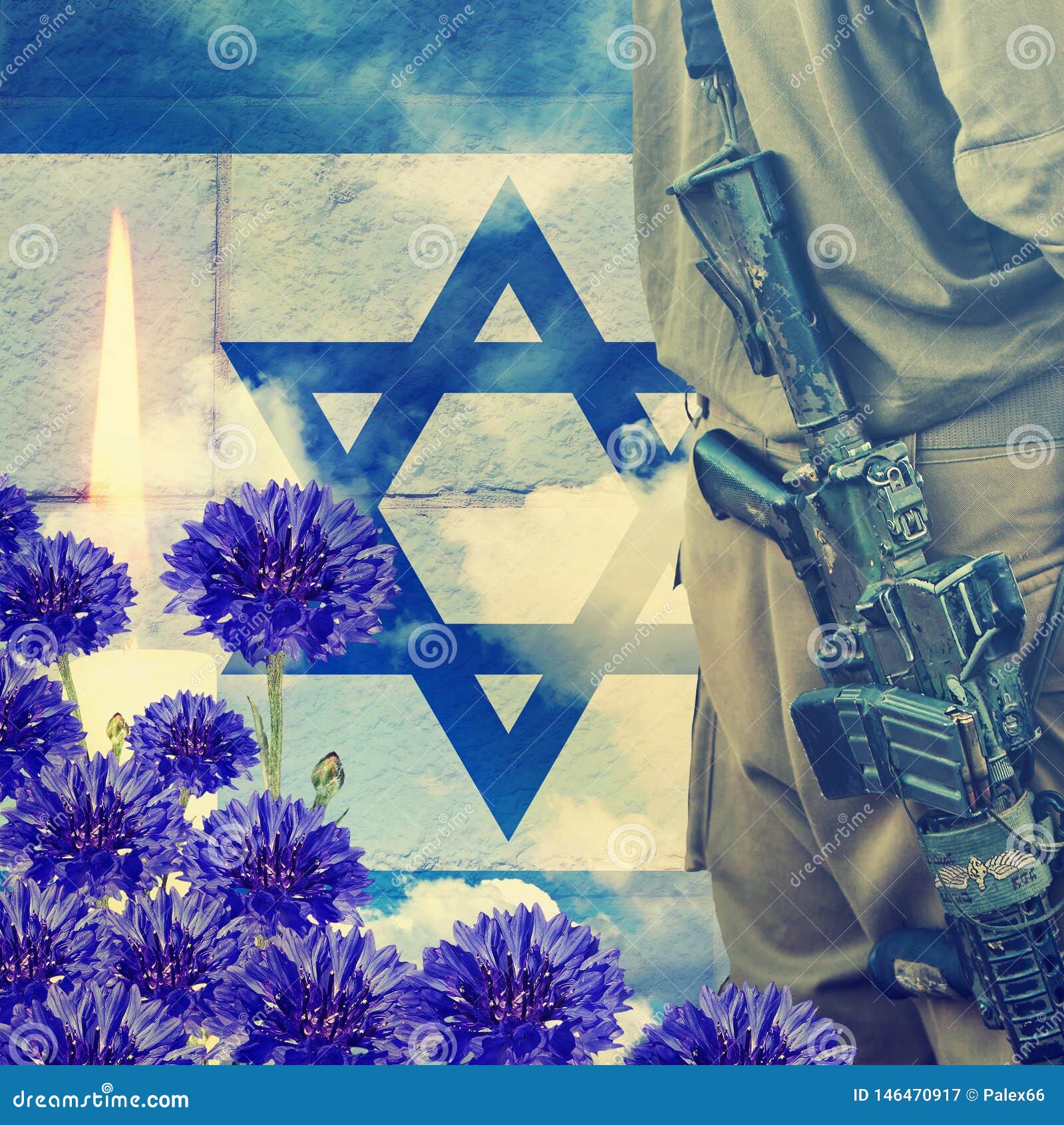 Soldier Of Israeli Defense Forces On Israeli National Flag, Wall And